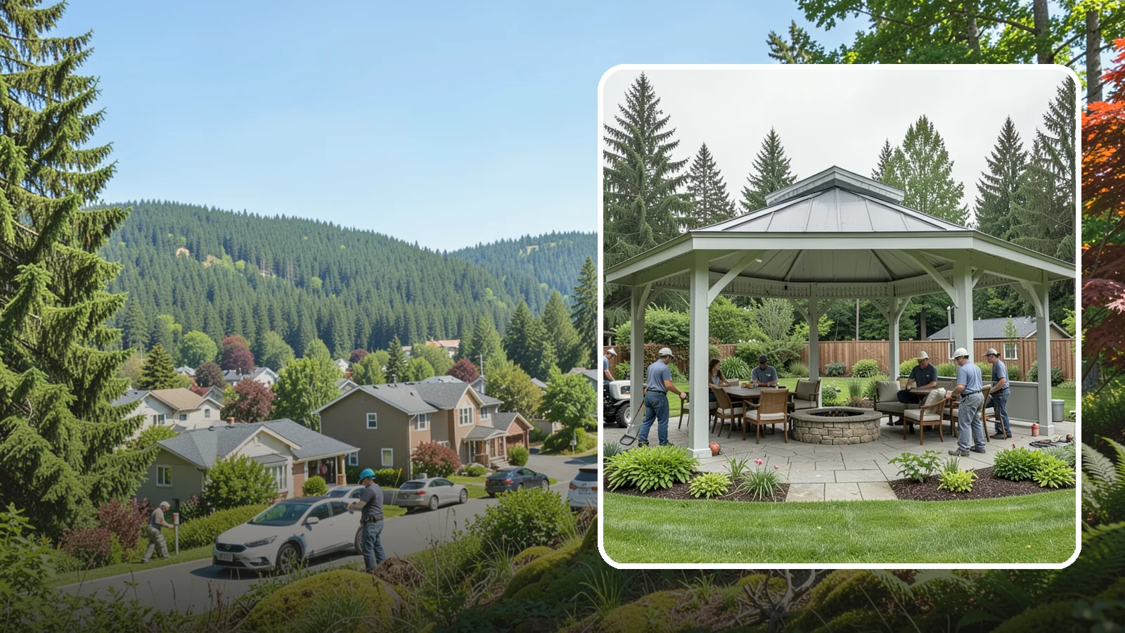 Pavilion Installation in Index, Snohomish County, WA - Solid-roof pavilions that create a substantial, fully sheltered outdoor room for gathering and dining.