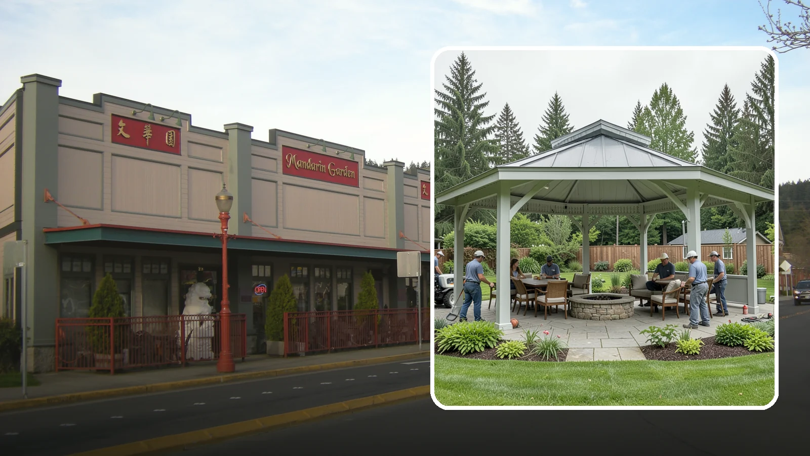 Pavilion Installation in Issaquah, King County, WA - Solid-roof pavilions that create a substantial, fully sheltered outdoor room for gathering and dining.