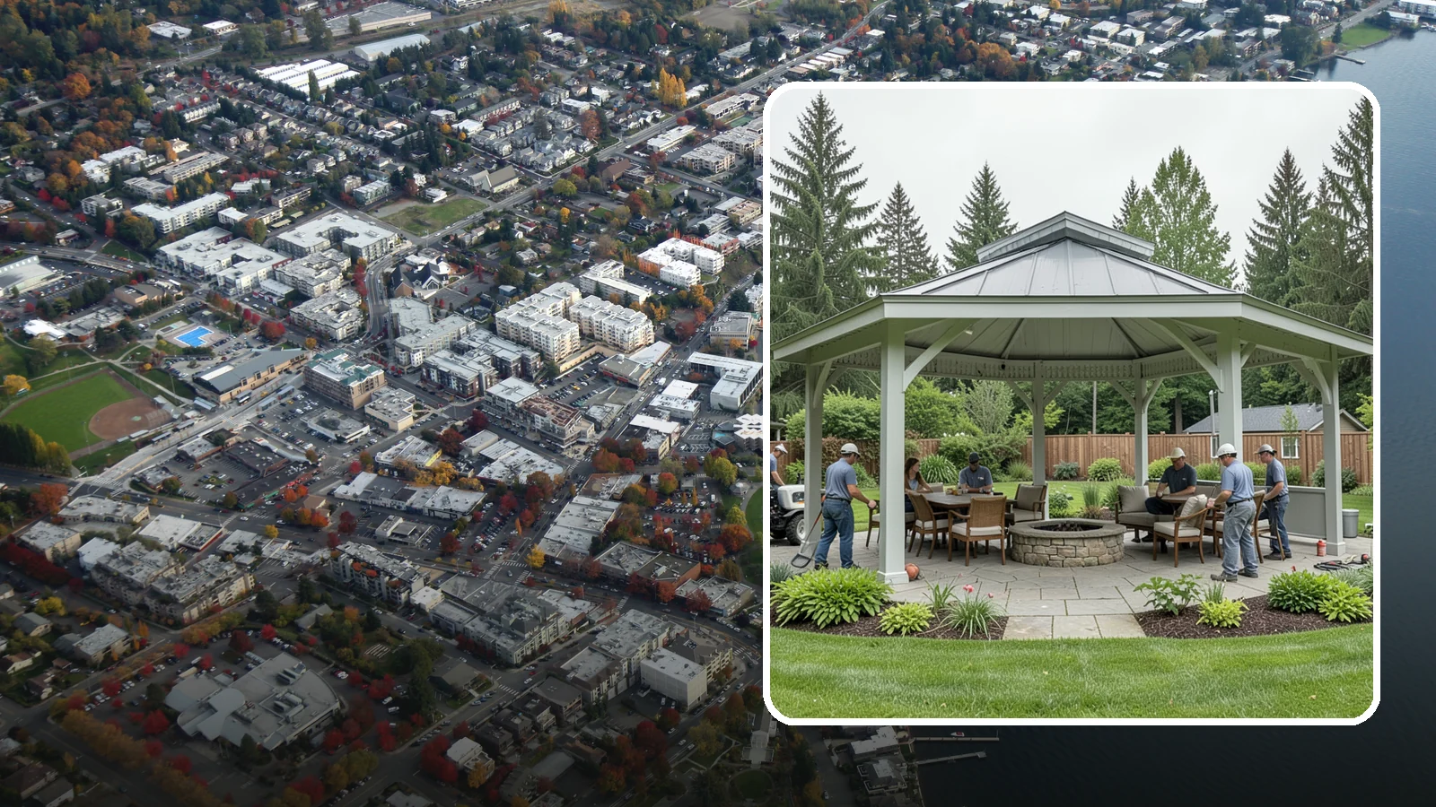 Pavilion Installation in Kirkland, King County, WA - Solid-roof pavilions that create a substantial, fully sheltered outdoor room for gathering and dining.