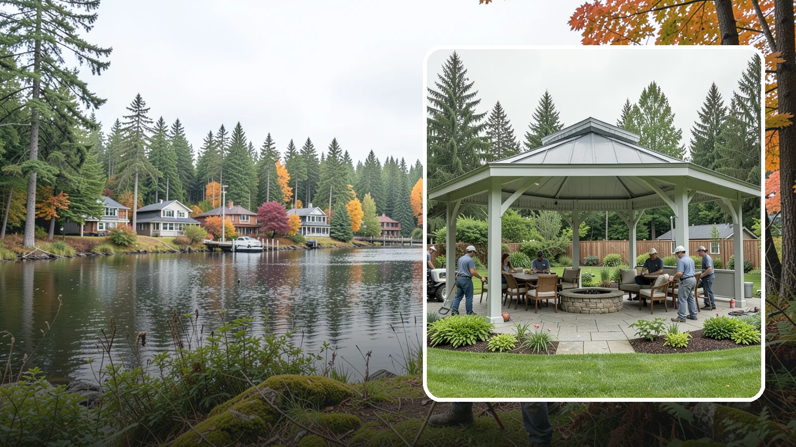 Pavilion Installation in La Conner, Skagit County, WA - Solid-roof pavilions that create a substantial, fully sheltered outdoor room for gathering and dining.
