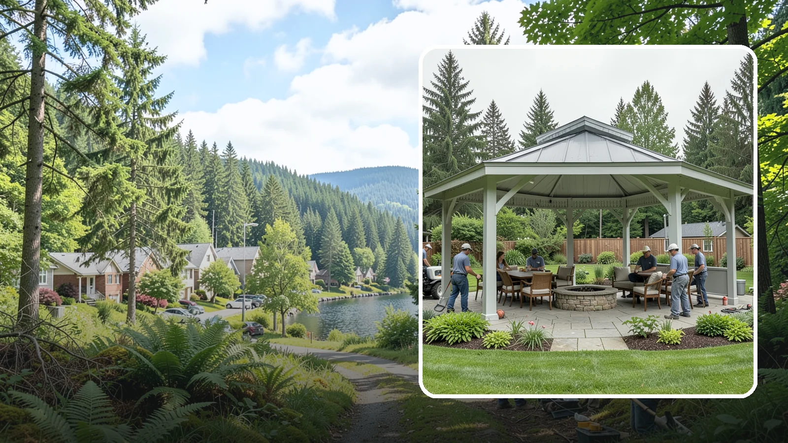 Pavilion Installation in Lake Forest Park, King County, WA - Solid-roof pavilions that create a substantial, fully sheltered outdoor room for gathering and dining.
