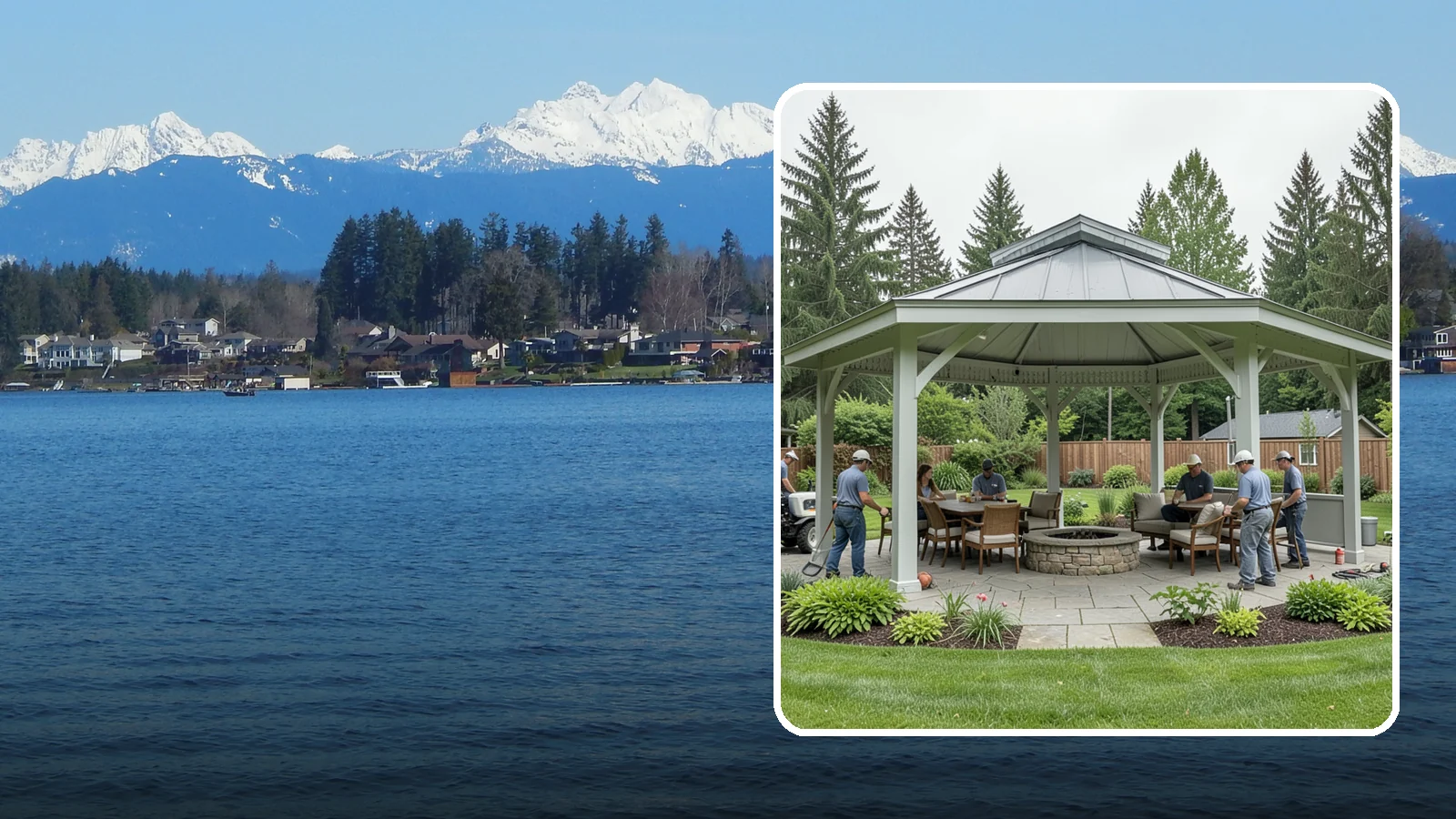 Pavilion Installation in Lake Stevens, Snohomish County, WA - Solid-roof pavilions that create a substantial, fully sheltered outdoor room for gathering and dining.