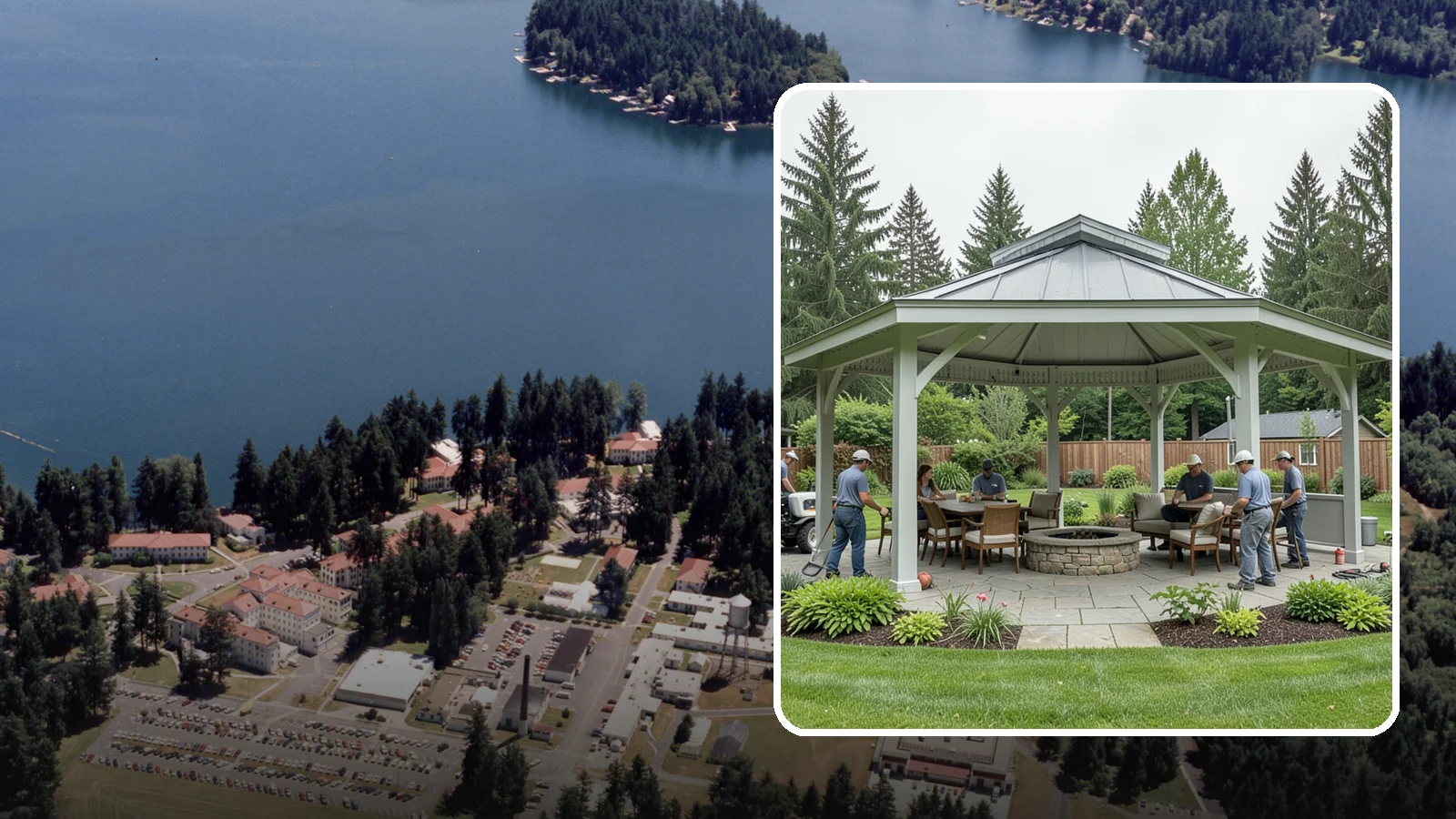 Pavilion Installation in Lakewood, Pierce County, WA - Solid-roof pavilions that create a substantial, fully sheltered outdoor room for gathering and dining.