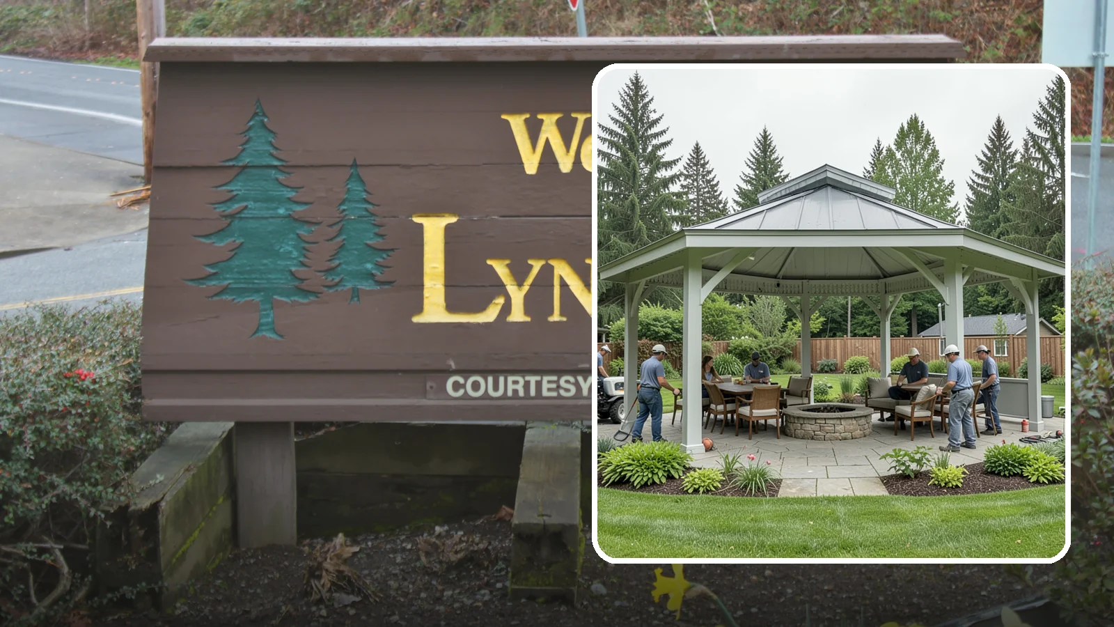 Pavilion Installation in Lynnwood, Snohomish County, WA - Solid-roof pavilions that create a substantial, fully sheltered outdoor room for gathering and dining.