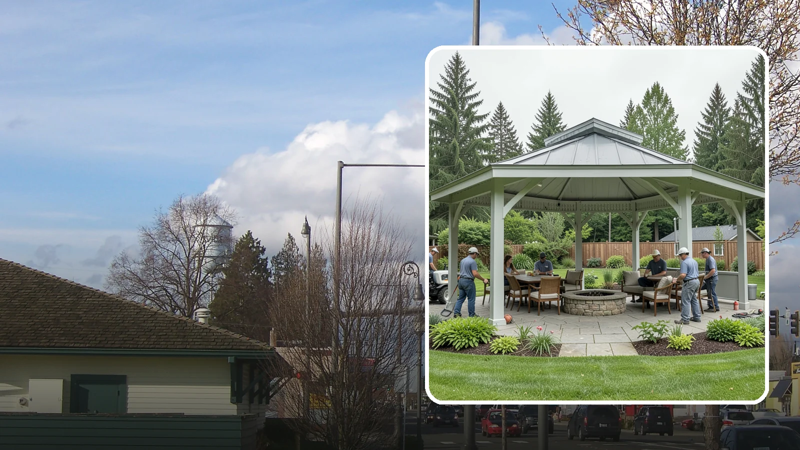Pavilion Installation in Marysville, Snohomish County, WA - Solid-roof pavilions that create a substantial, fully sheltered outdoor room for gathering and dining.
