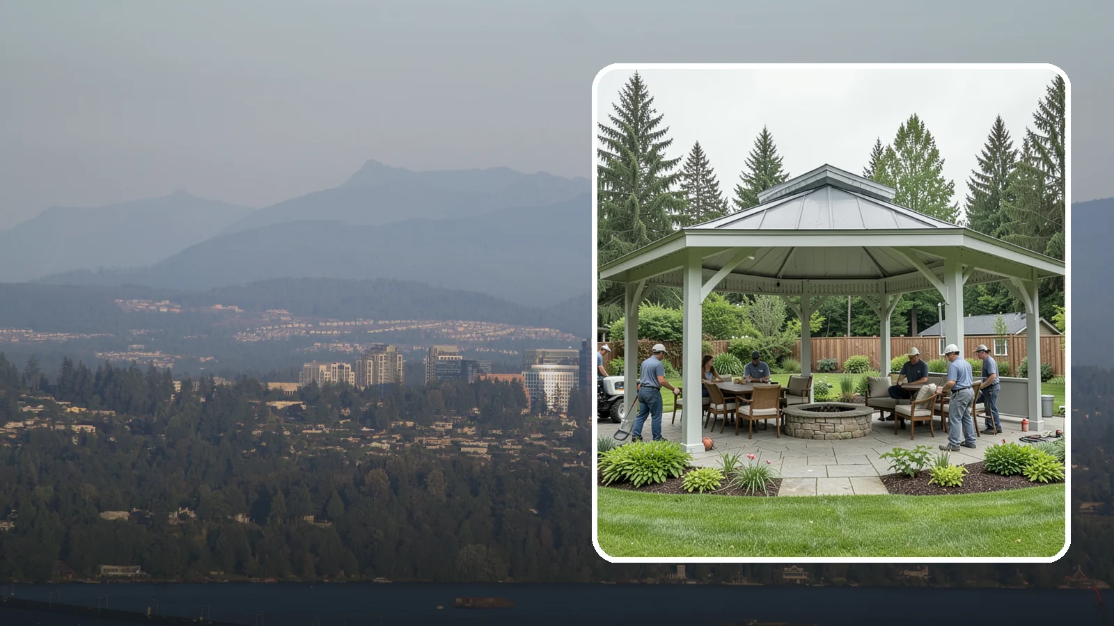 Pavilion Installation in Medina, King County, WA - Solid-roof pavilions that create a substantial, fully sheltered outdoor room for gathering and dining.
