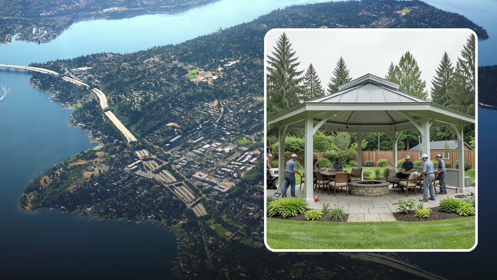 Pavilion Installation in Mercer Island, King County, WA - Solid-roof pavilions that create a substantial, fully sheltered outdoor room for gathering and dining.