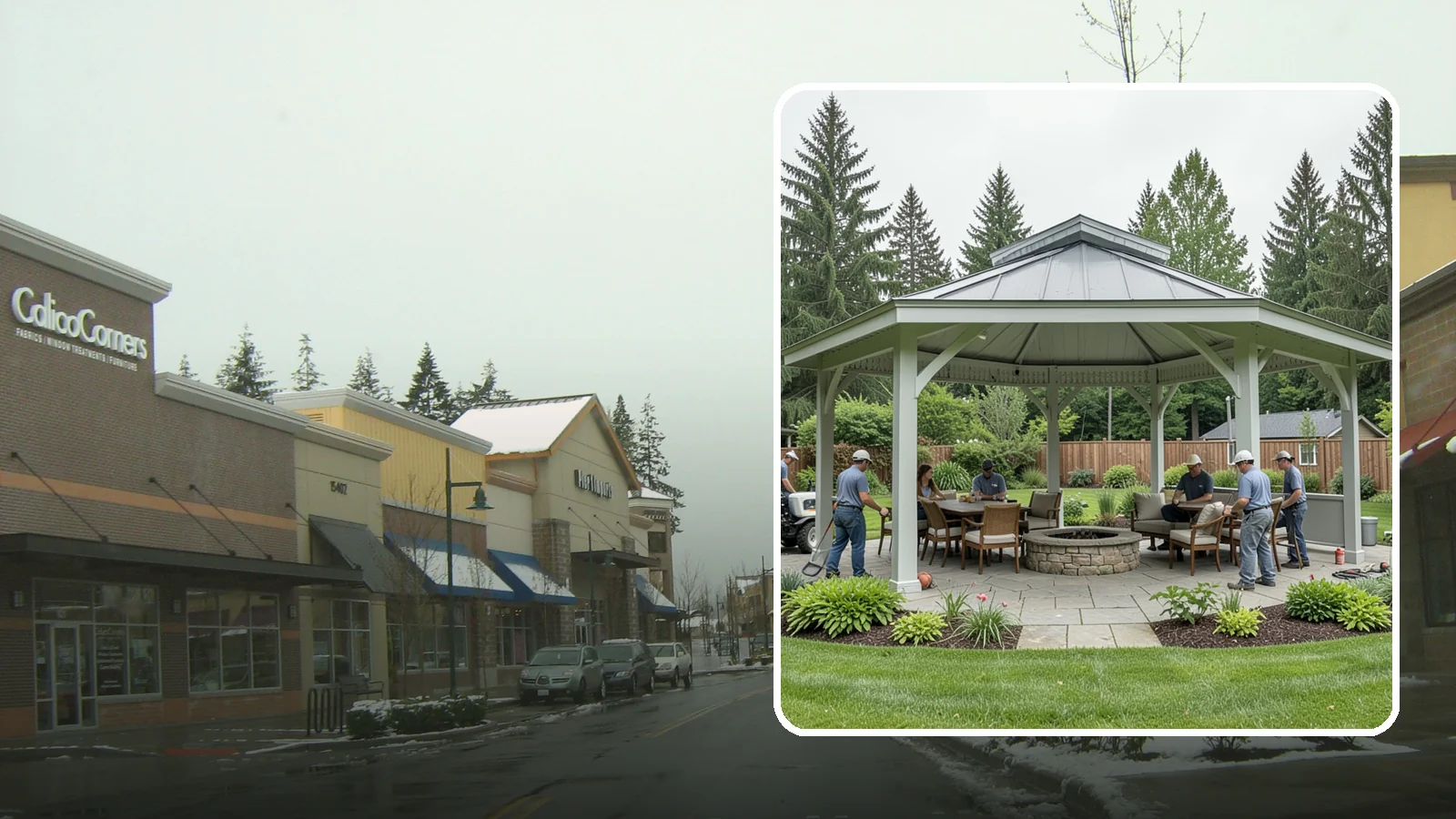 Pavilion Installation in Mill Creek, Snohomish County, WA - Solid-roof pavilions that create a substantial, fully sheltered outdoor room for gathering and dining.