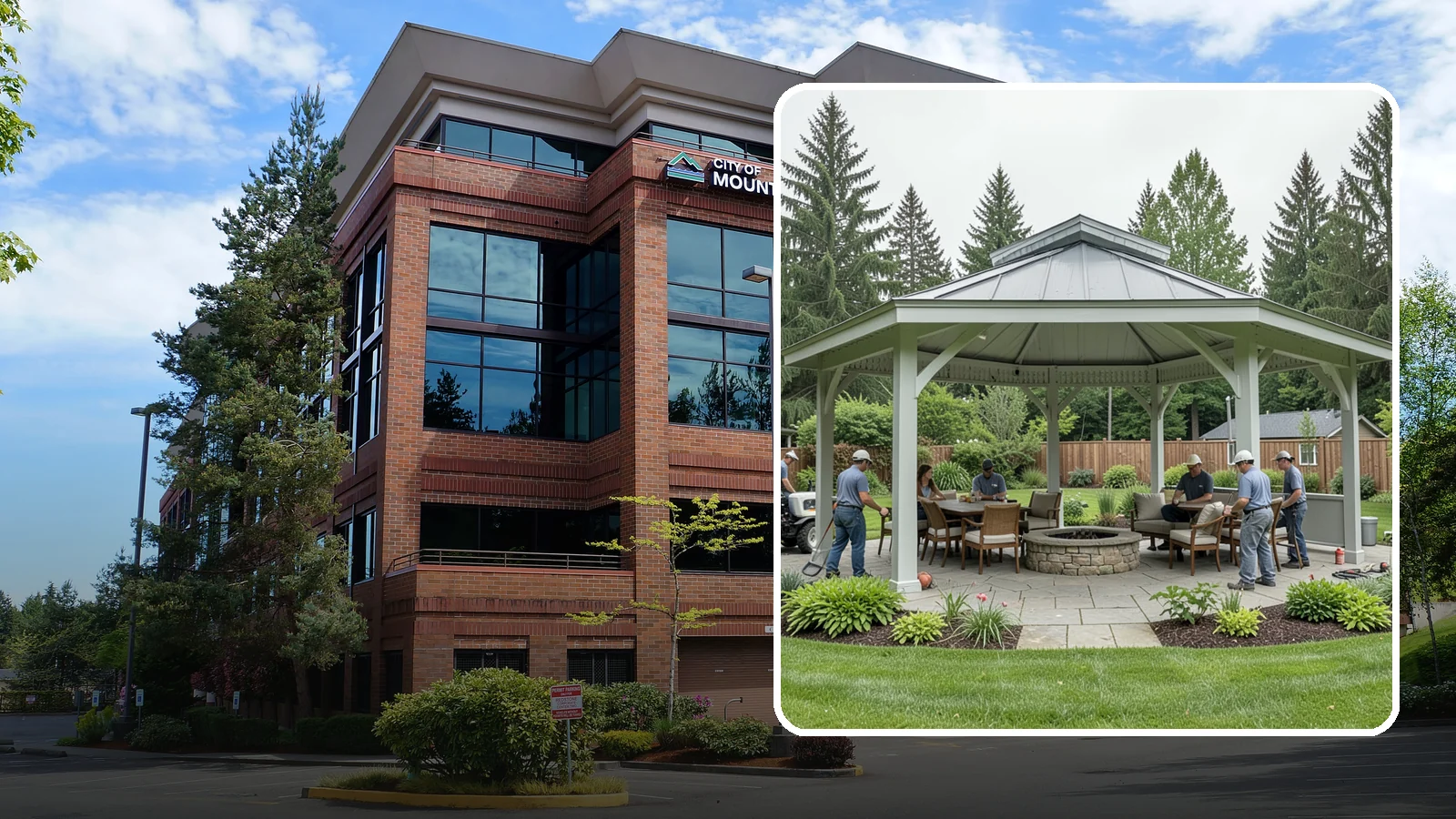 Pavilion Installation in Mountlake Terrace, Snohomish County, WA - Solid-roof pavilions that create a substantial, fully sheltered outdoor room for gathering and dining.