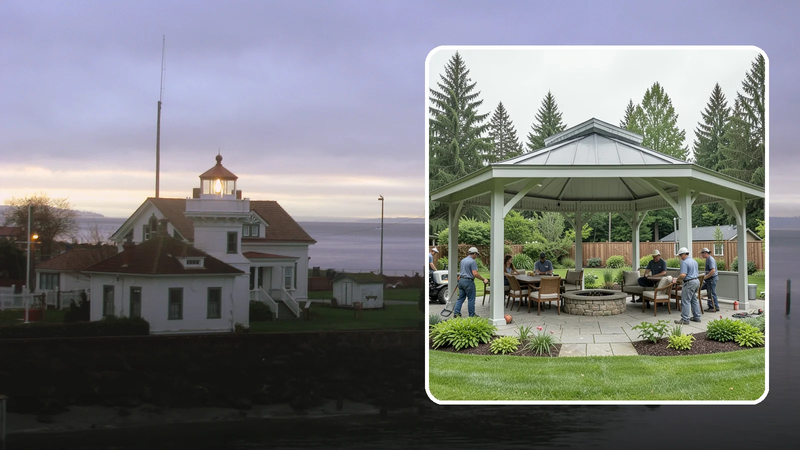 Pavilion Installation in Mukilteo, Snohomish County, WA - Solid-roof pavilions that create a substantial, fully sheltered outdoor room for gathering and dining.
