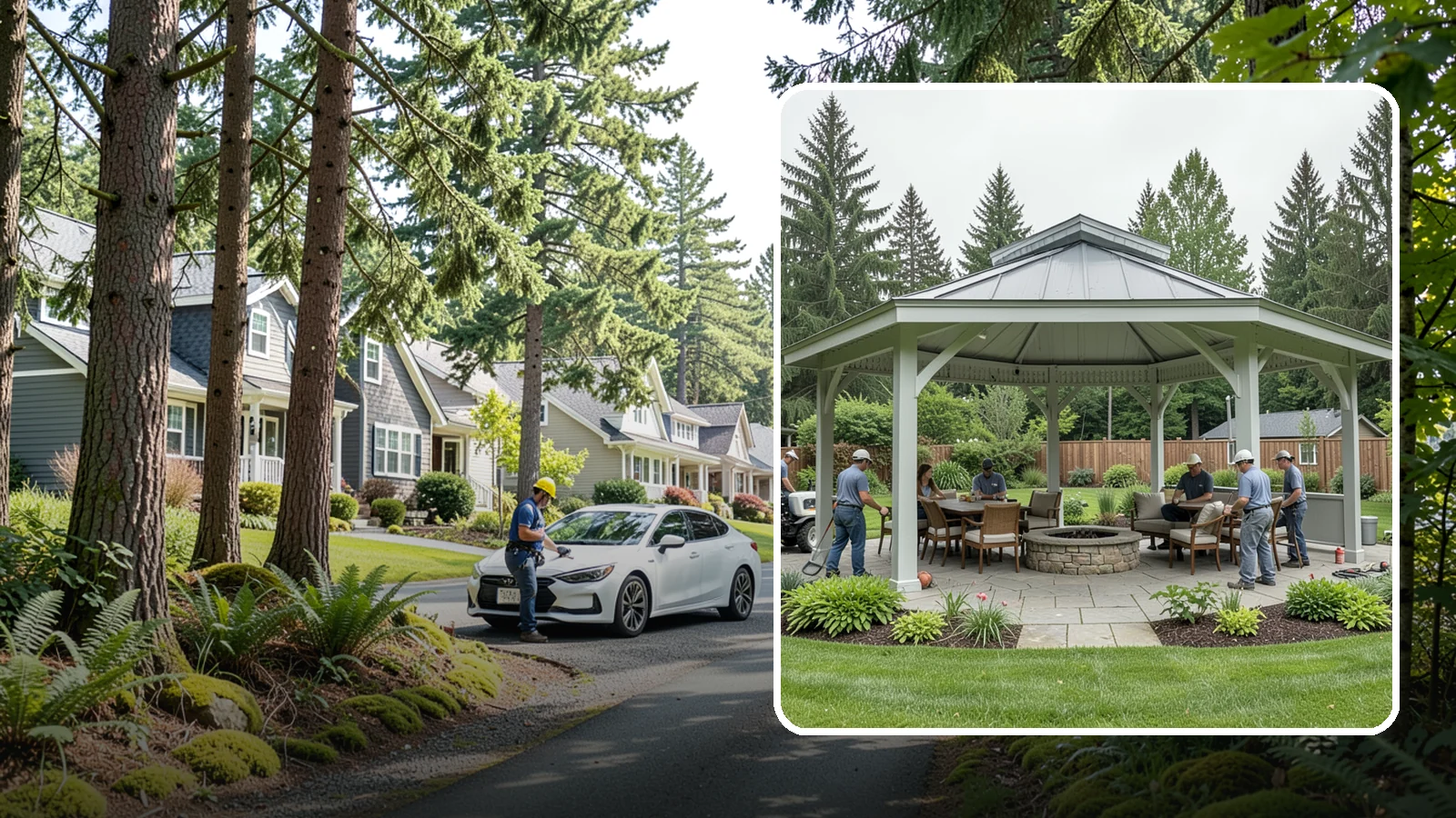 Pavilion Installation in Normandy Park, King County, WA - Solid-roof pavilions that create a substantial, fully sheltered outdoor room for gathering and dining.