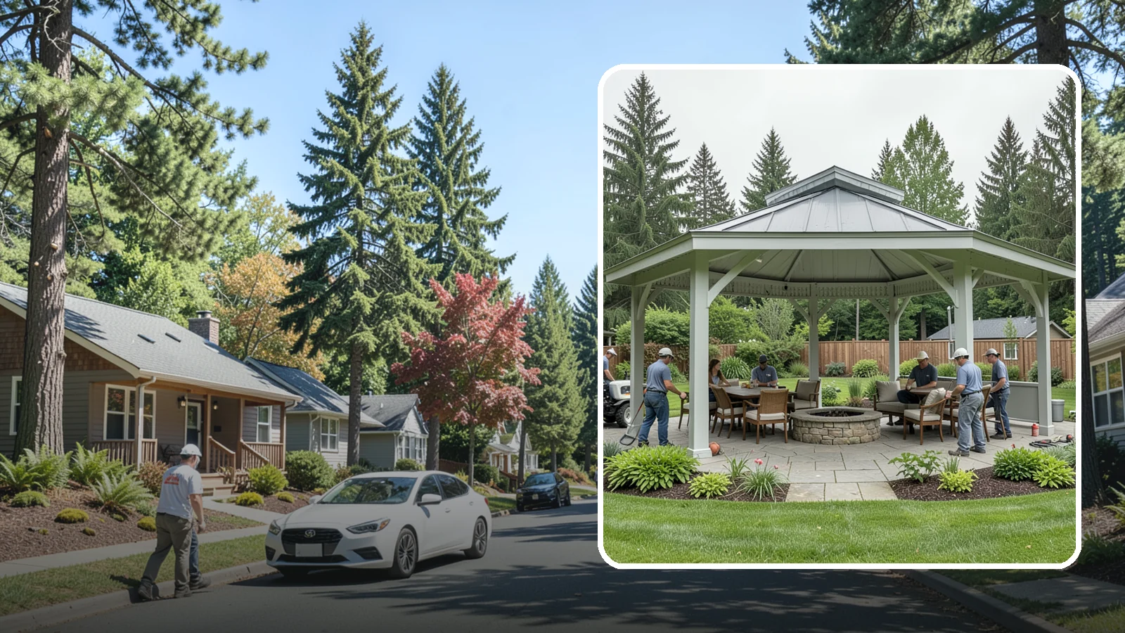Pavilion Installation in Orting, Pierce County, WA - Solid-roof pavilions that create a substantial, fully sheltered outdoor room for gathering and dining.
