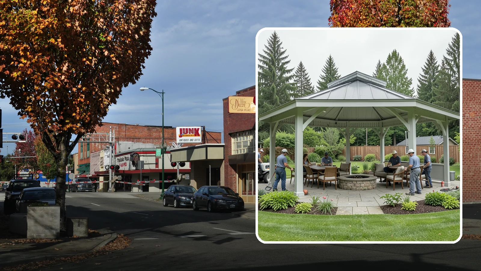 Pavilion Installation in Puyallup, Pierce County, WA - Solid-roof pavilions that create a substantial, fully sheltered outdoor room for gathering and dining.