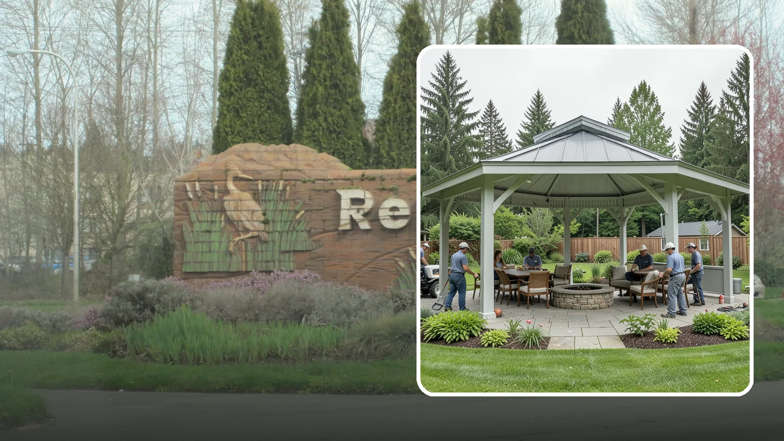 Pavilion Installation in Renton, King County, WA - Solid-roof pavilions that create a substantial, fully sheltered outdoor room for gathering and dining.