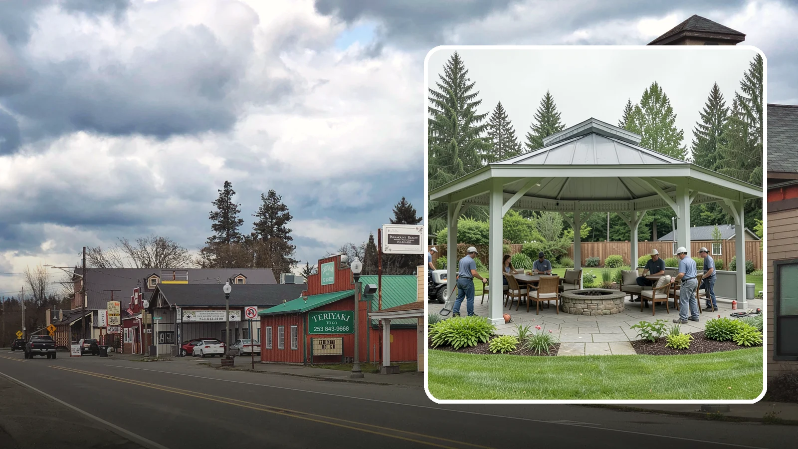 Pavilion Installation in Roy, Pierce County, WA - Solid-roof pavilions that create a substantial, fully sheltered outdoor room for gathering and dining.
