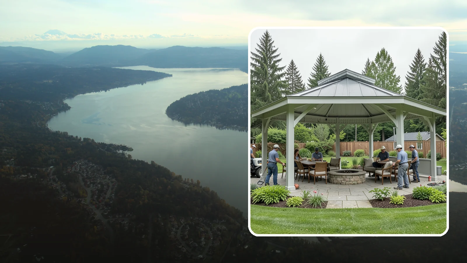 Pavilion Installation in Sammamish, King County, WA - Solid-roof pavilions that create a substantial, fully sheltered outdoor room for gathering and dining.