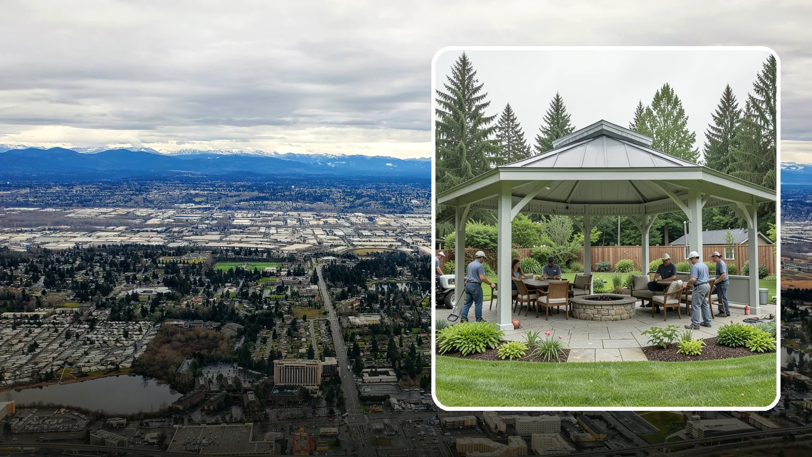 Pavilion Installation in SeaTac, King County, WA - Solid-roof pavilions that create a substantial, fully sheltered outdoor room for gathering and dining.