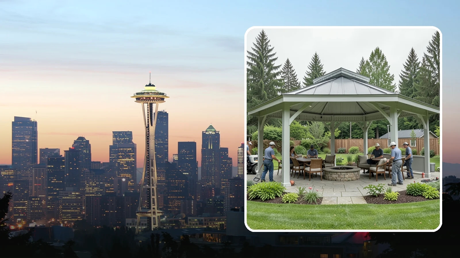 Pavilion Installation in Seattle, King County, WA - Solid-roof pavilions that create a substantial, fully sheltered outdoor room for gathering and dining.
