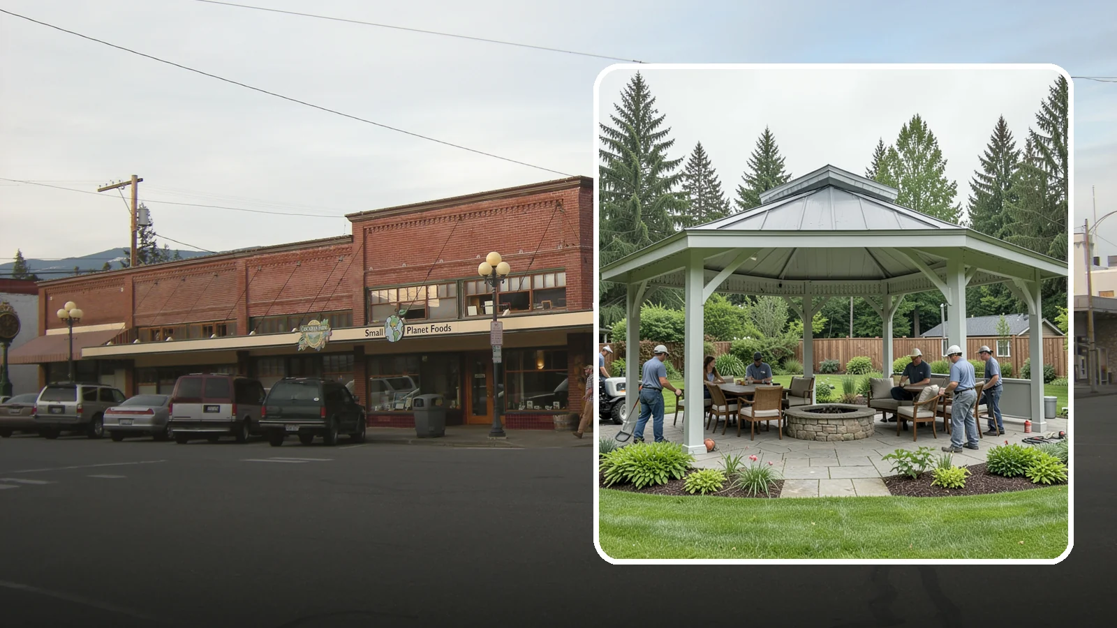 Pavilion Installation in Sedro-Woolley, Skagit County, WA - Solid-roof pavilions that create a substantial, fully sheltered outdoor room for gathering and dining.