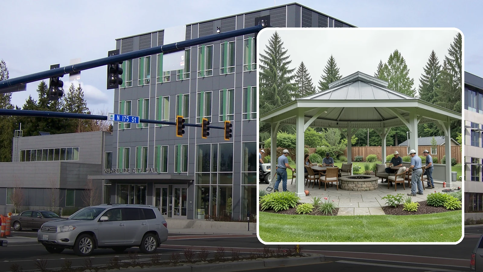 Pavilion Installation in Shoreline, King County, WA - Solid-roof pavilions that create a substantial, fully sheltered outdoor room for gathering and dining.
