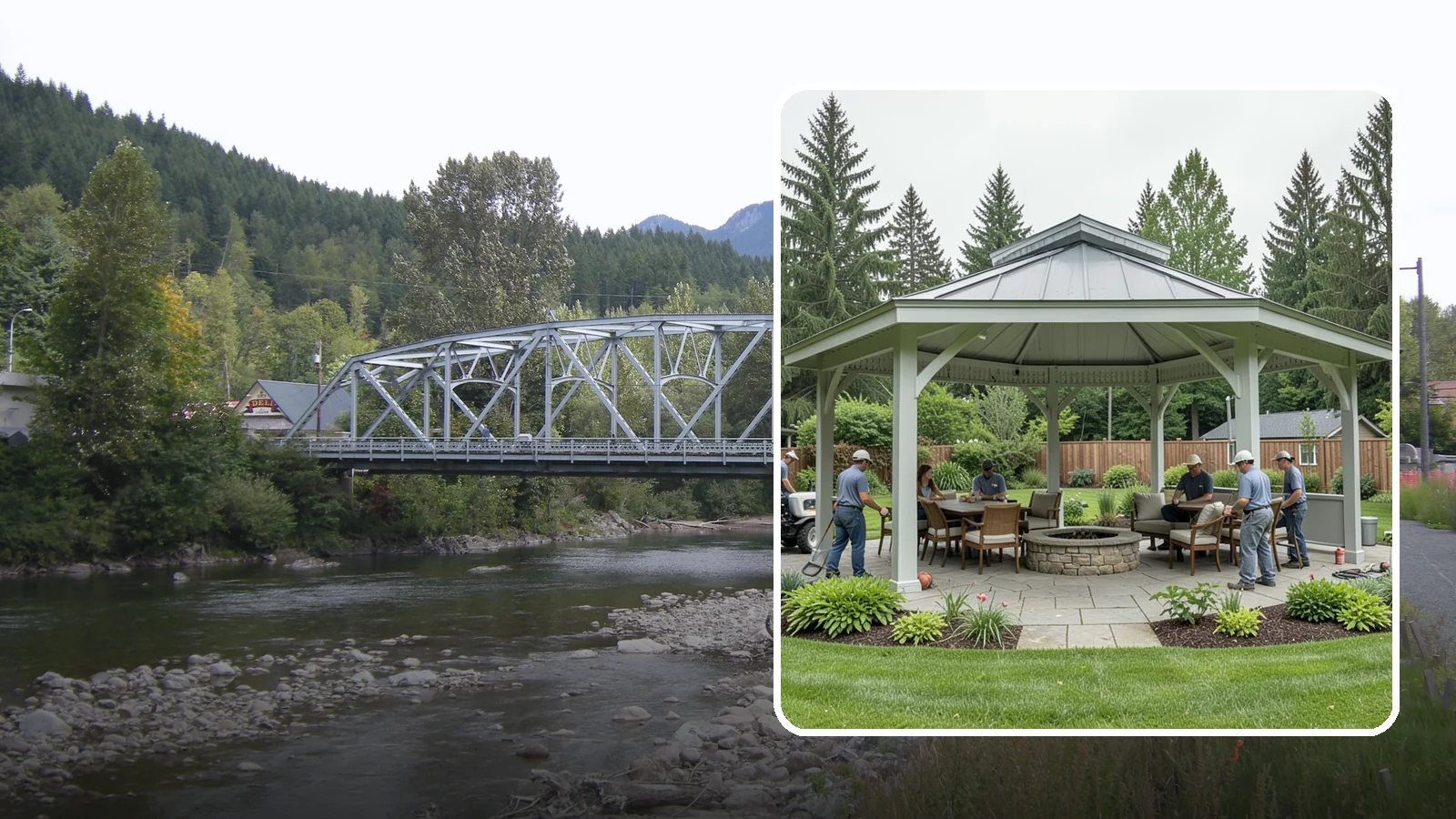 Pavilion Installation in Skykomish, King County, WA - Solid-roof pavilions that create a substantial, fully sheltered outdoor room for gathering and dining.