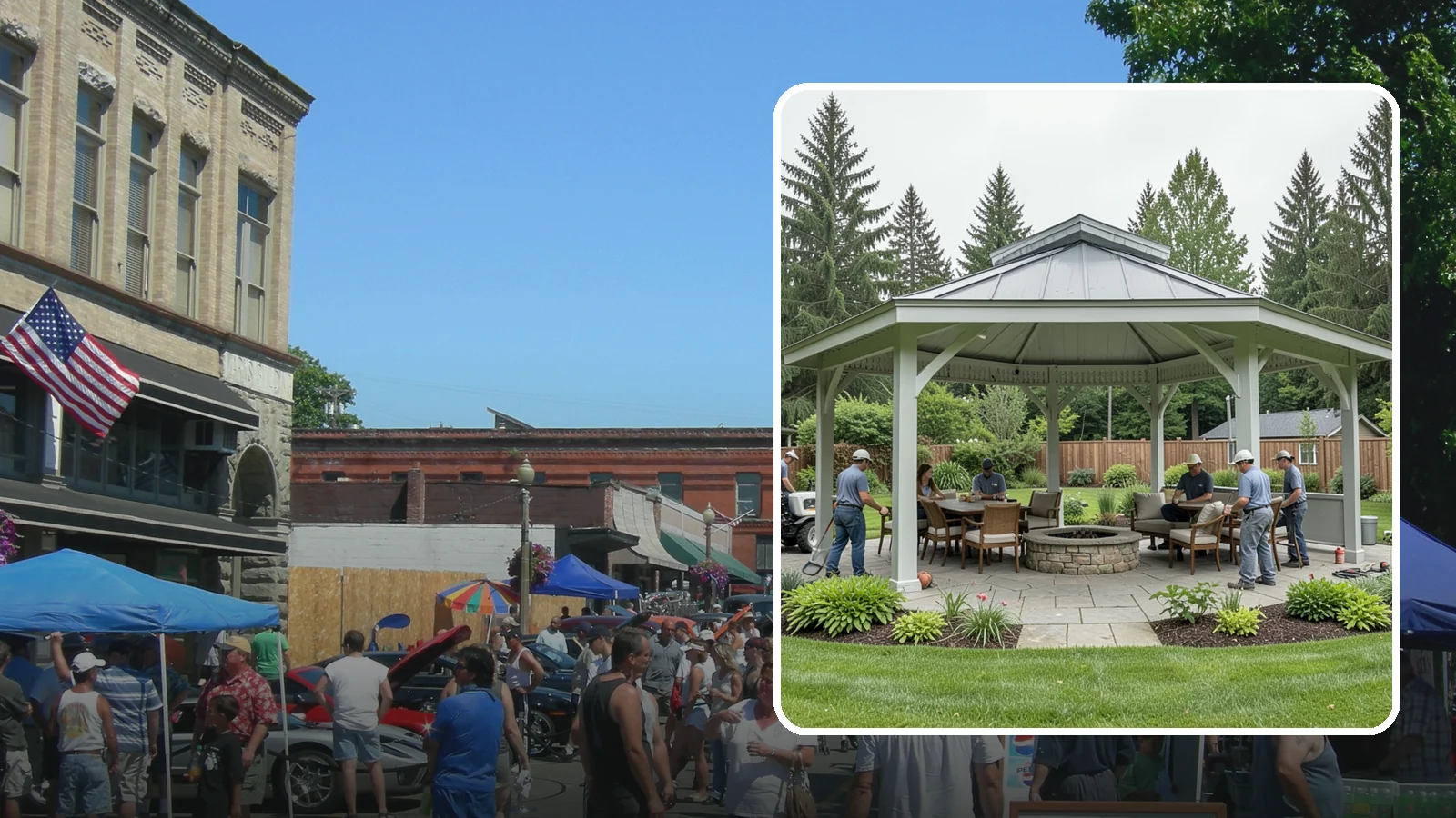 Pavilion Installation in Snohomish, Snohomish County, WA - Solid-roof pavilions that create a substantial, fully sheltered outdoor room for gathering and dining.