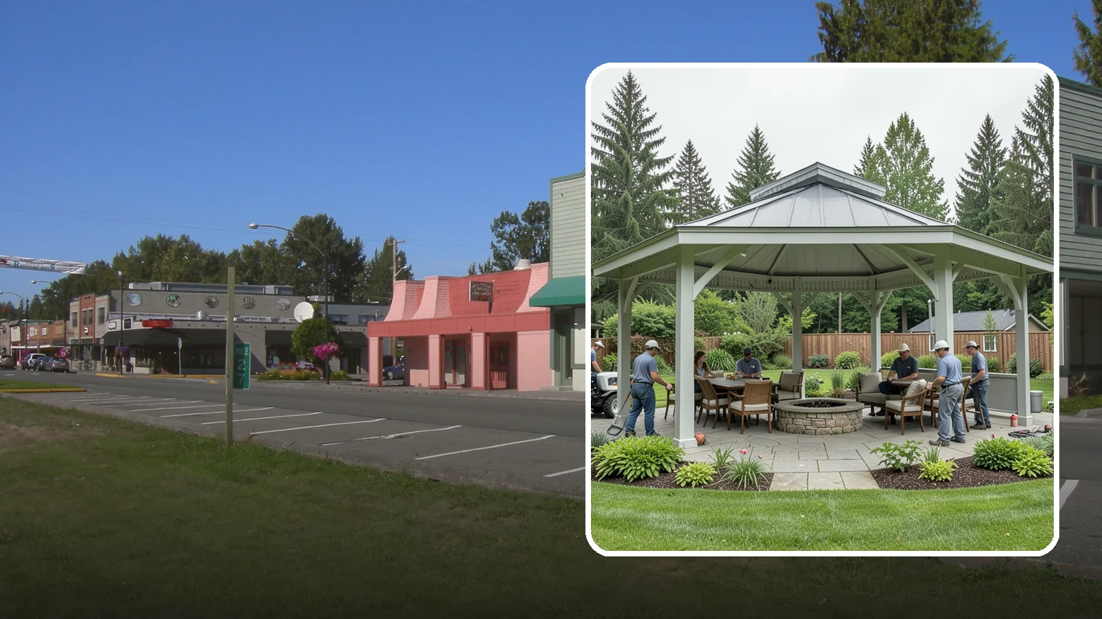 Pavilion Installation in Snoqualmie, King County, WA - Solid-roof pavilions that create a substantial, fully sheltered outdoor room for gathering and dining.