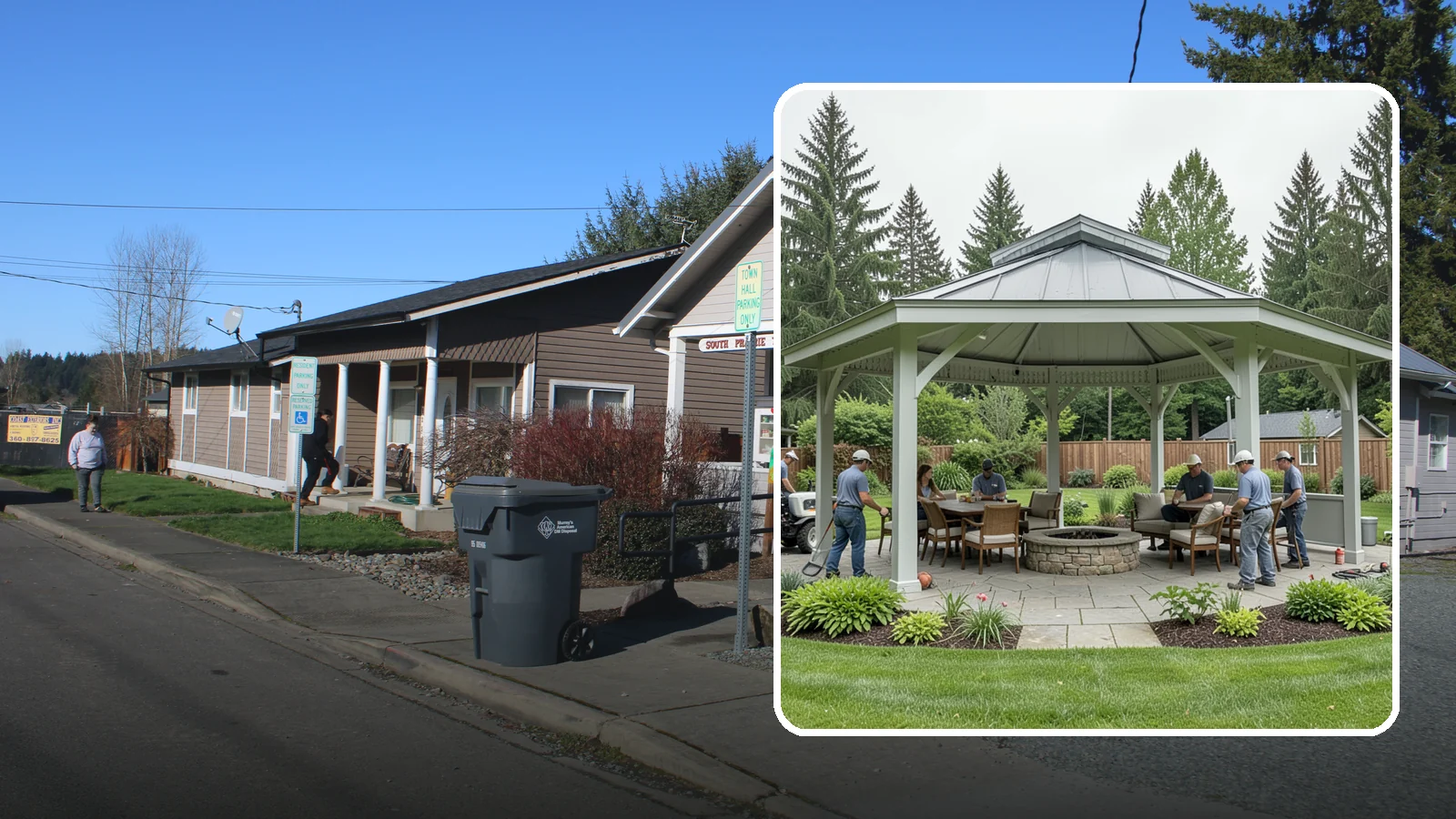 Pavilion Installation in South Prairie, Pierce County, WA - Solid-roof pavilions that create a substantial, fully sheltered outdoor room for gathering and dining.