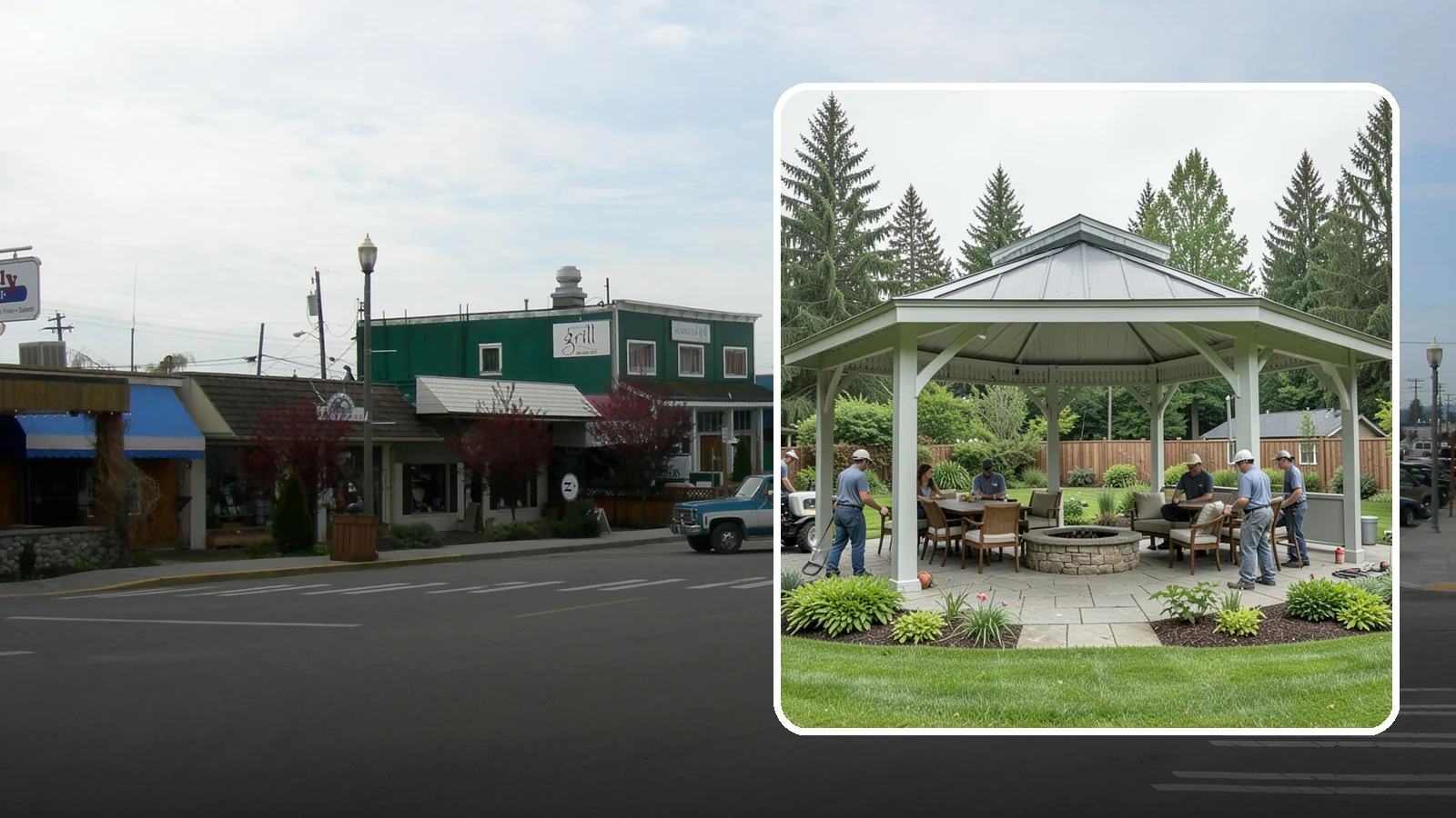 Pavilion Installation in Stanwood, Snohomish County, WA - Solid-roof pavilions that create a substantial, fully sheltered outdoor room for gathering and dining.