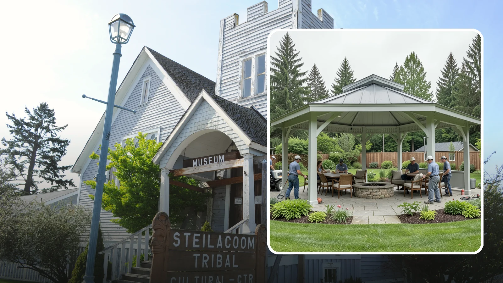 Pavilion Installation in Steilacoom, Pierce County, WA - Solid-roof pavilions that create a substantial, fully sheltered outdoor room for gathering and dining.