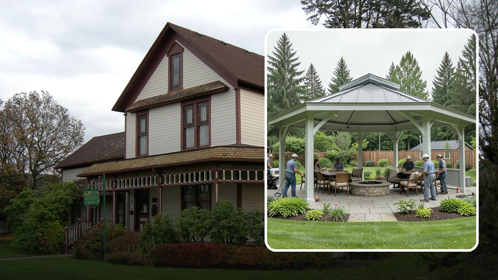 Pavilion Installation in Sumner, Pierce County, WA - Solid-roof pavilions that create a substantial, fully sheltered outdoor room for gathering and dining.