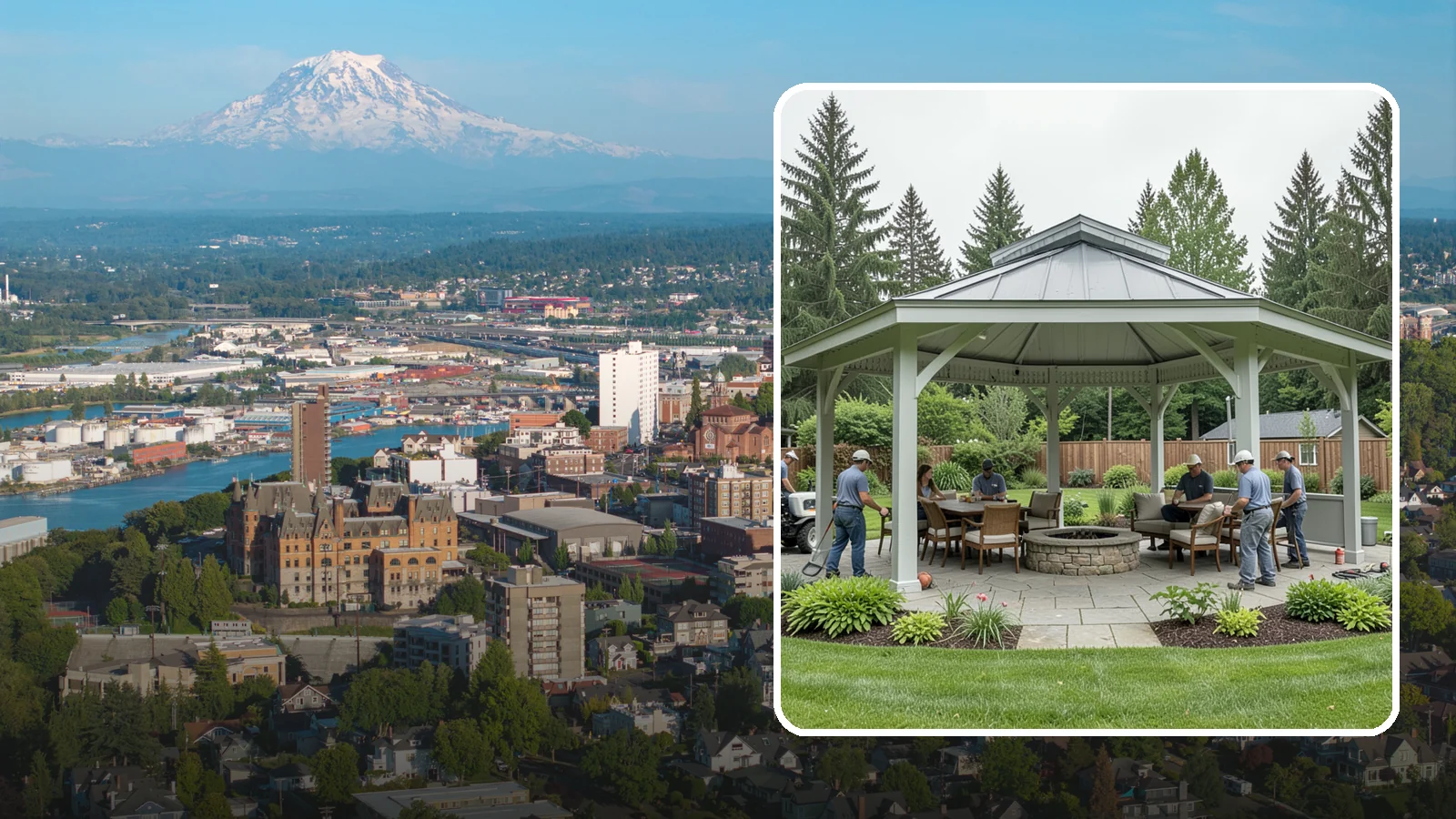 Pavilion Installation in Tacoma, Pierce County, WA - Solid-roof pavilions that create a substantial, fully sheltered outdoor room for gathering and dining.