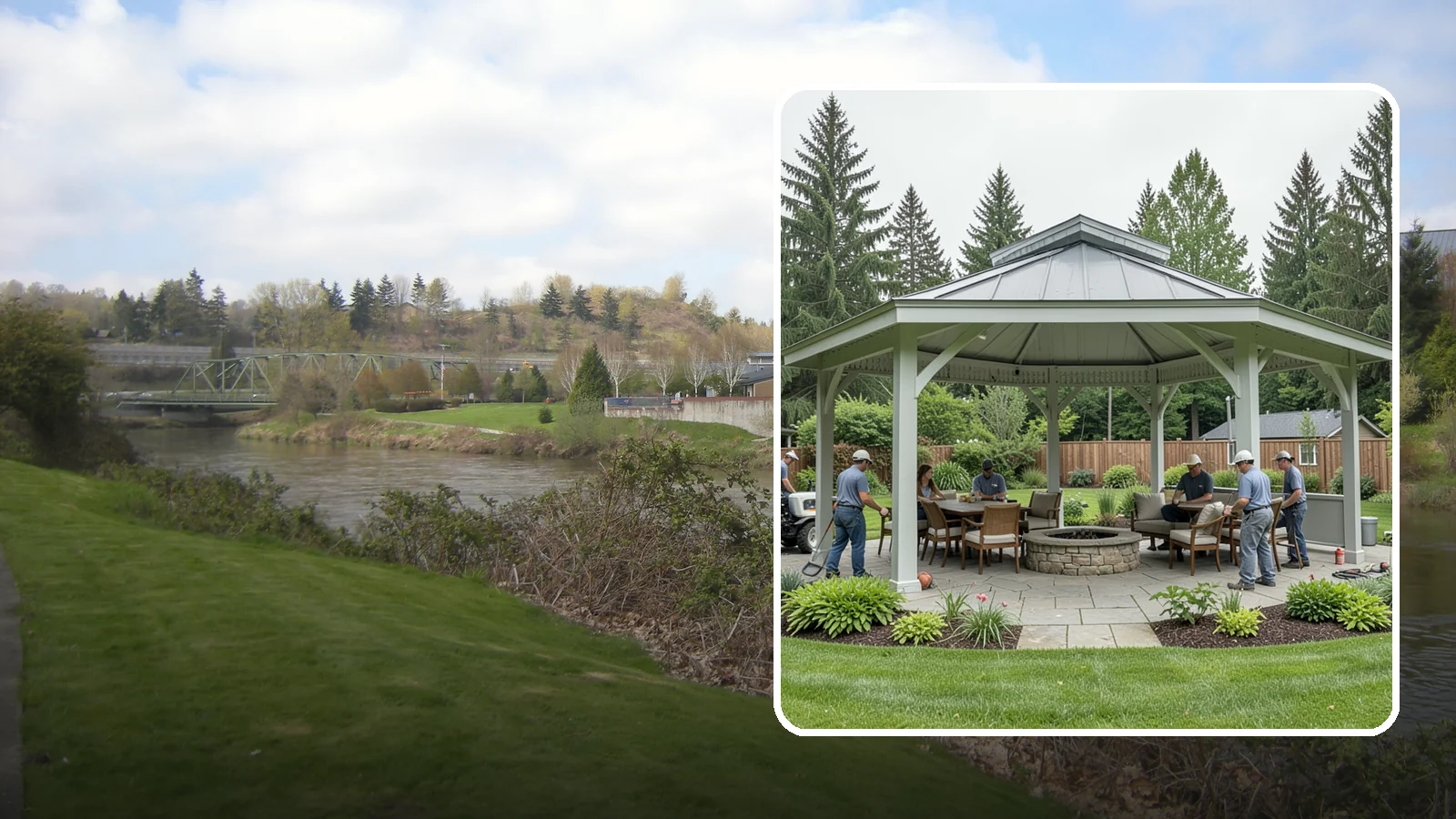 Pavilion Installation in Tukwila, King County, WA - Solid-roof pavilions that create a substantial, fully sheltered outdoor room for gathering and dining.