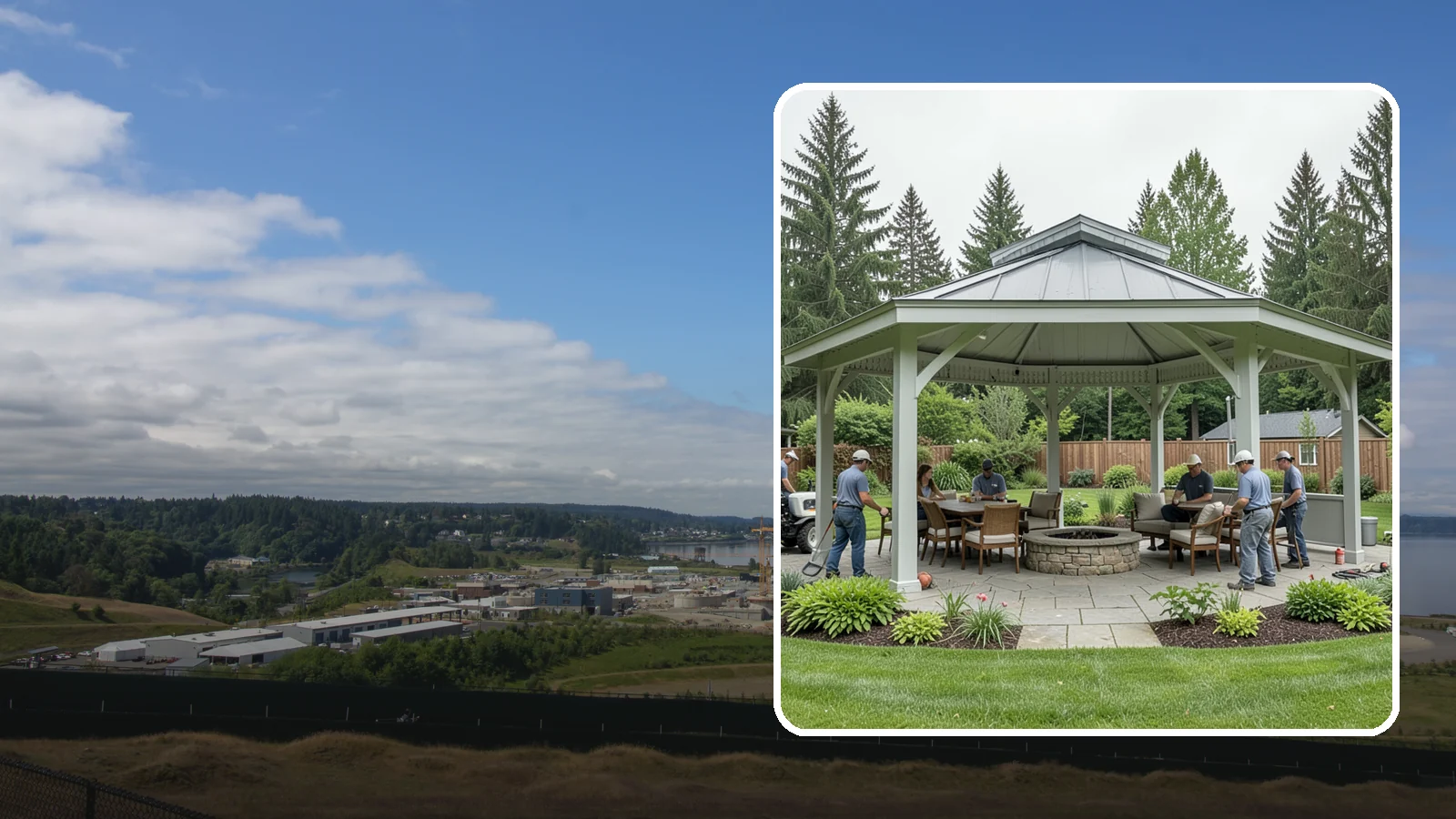 Pavilion Installation in University Place, Pierce County, WA - Solid-roof pavilions that create a substantial, fully sheltered outdoor room for gathering and dining.