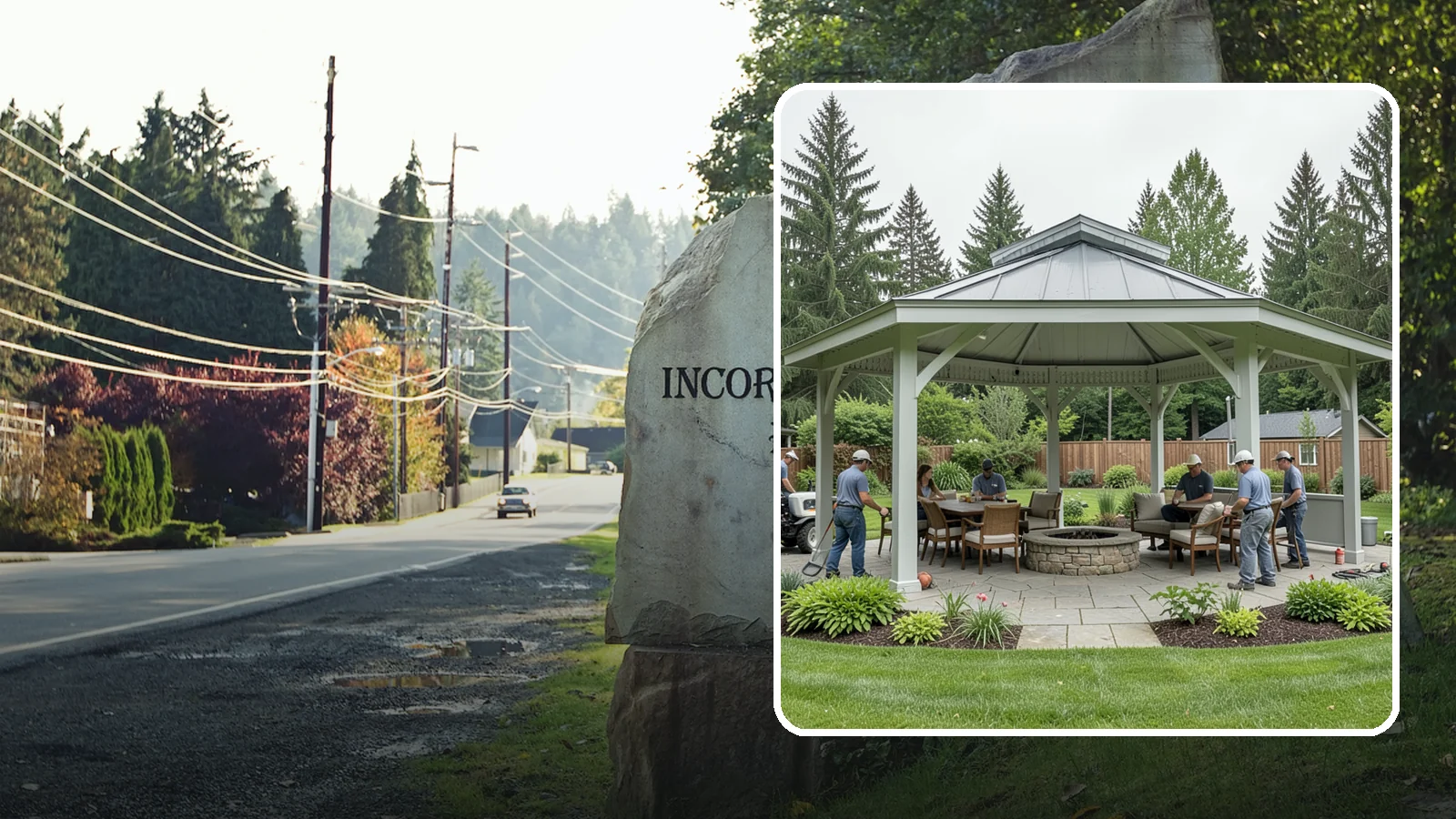 Pavilion Installation in Wilkeson, Pierce County, WA - Solid-roof pavilions that create a substantial, fully sheltered outdoor room for gathering and dining.