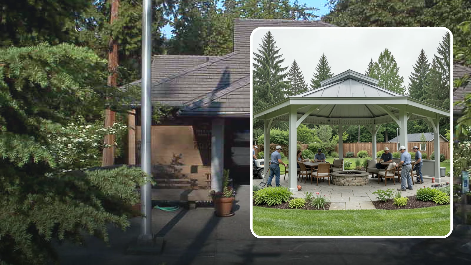 Pavilion Installation in Yarrow Point, King County, WA - Solid-roof pavilions that create a substantial, fully sheltered outdoor room for gathering and dining.