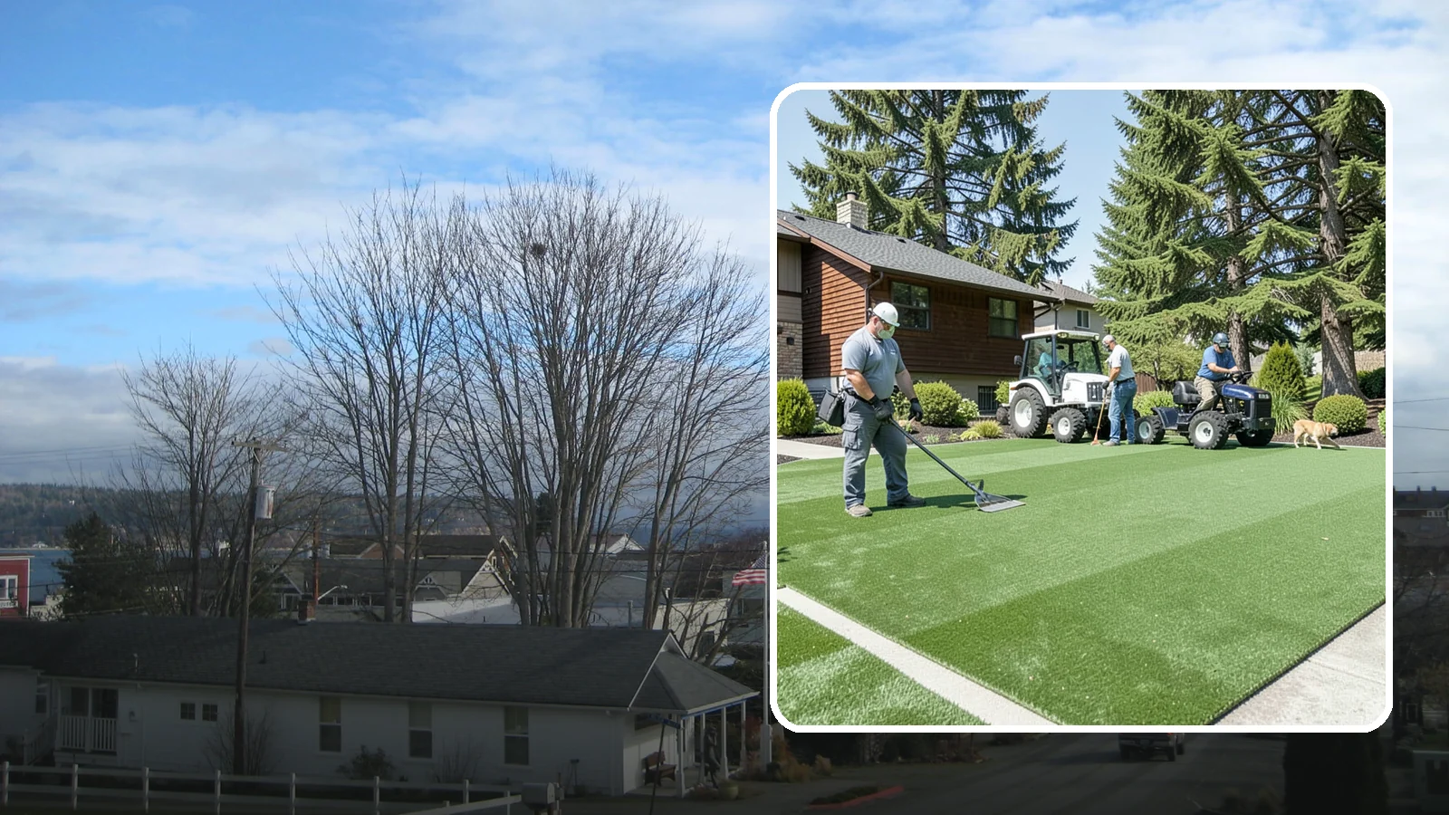 Pet Turf Installation in Langley, Island County, WA - Durable, drainable pet turf that gives dogs a clean, mud-free area that is easy to keep sanitary.