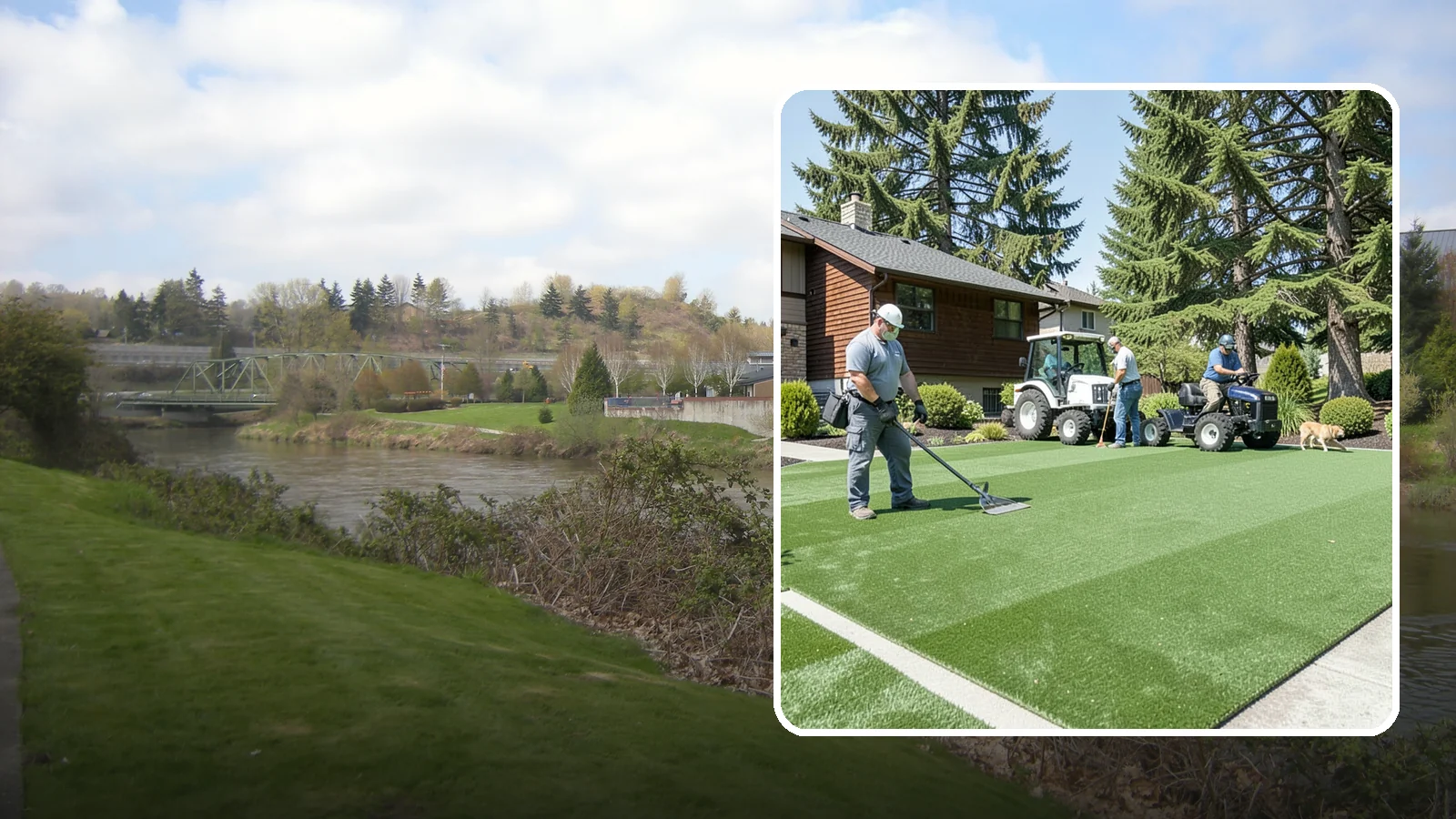 Pet Turf Installation in Tukwila, King County, WA - Durable, drainable pet turf that gives dogs a clean, mud-free area that is easy to keep sanitary.