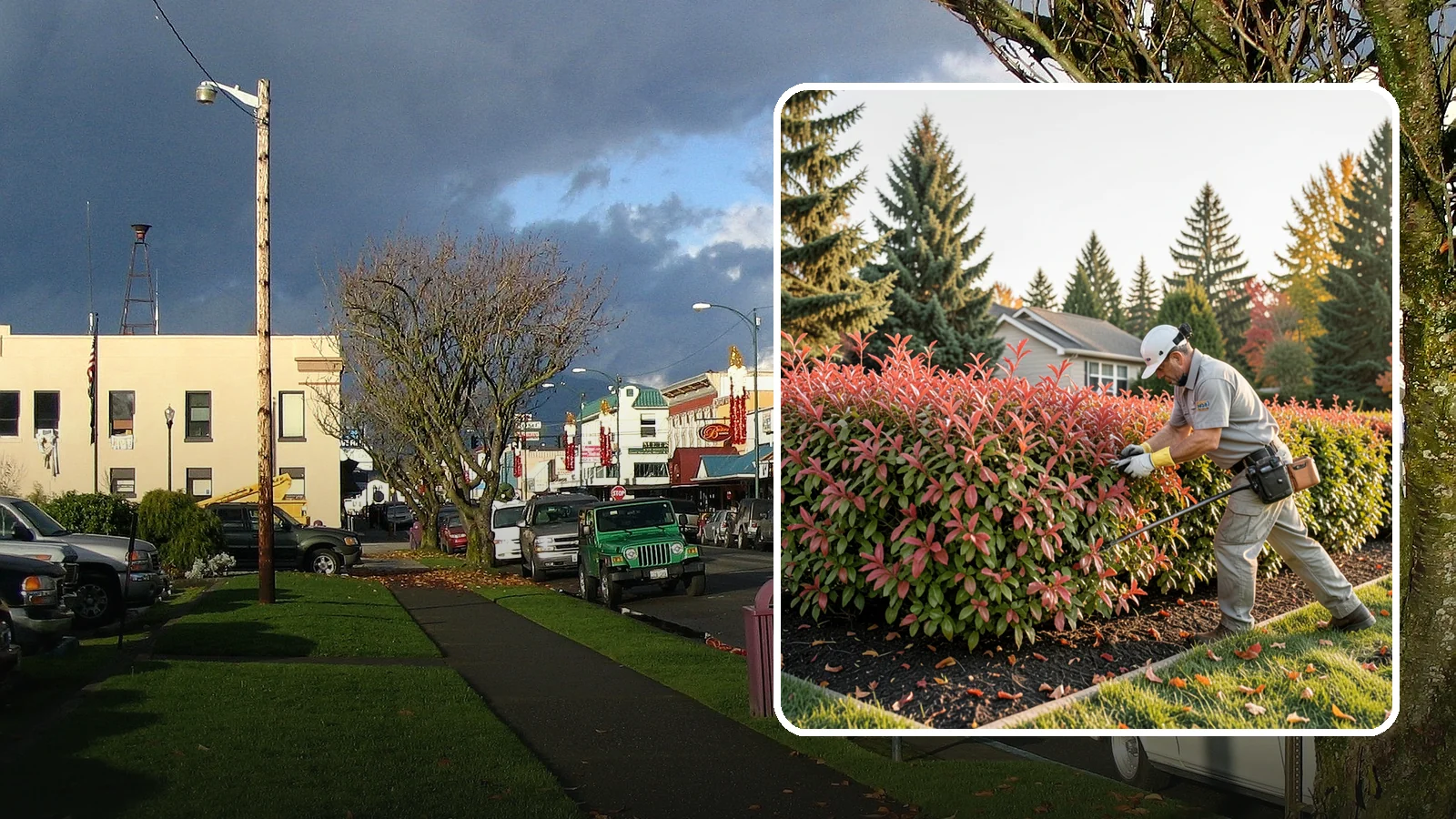 Photinia Trimming in Arlington, Snohomish County, WA - Strategic photinia trimming that triggers the vivid red new growth this hedge is famous for while managing leaf-spot disease.