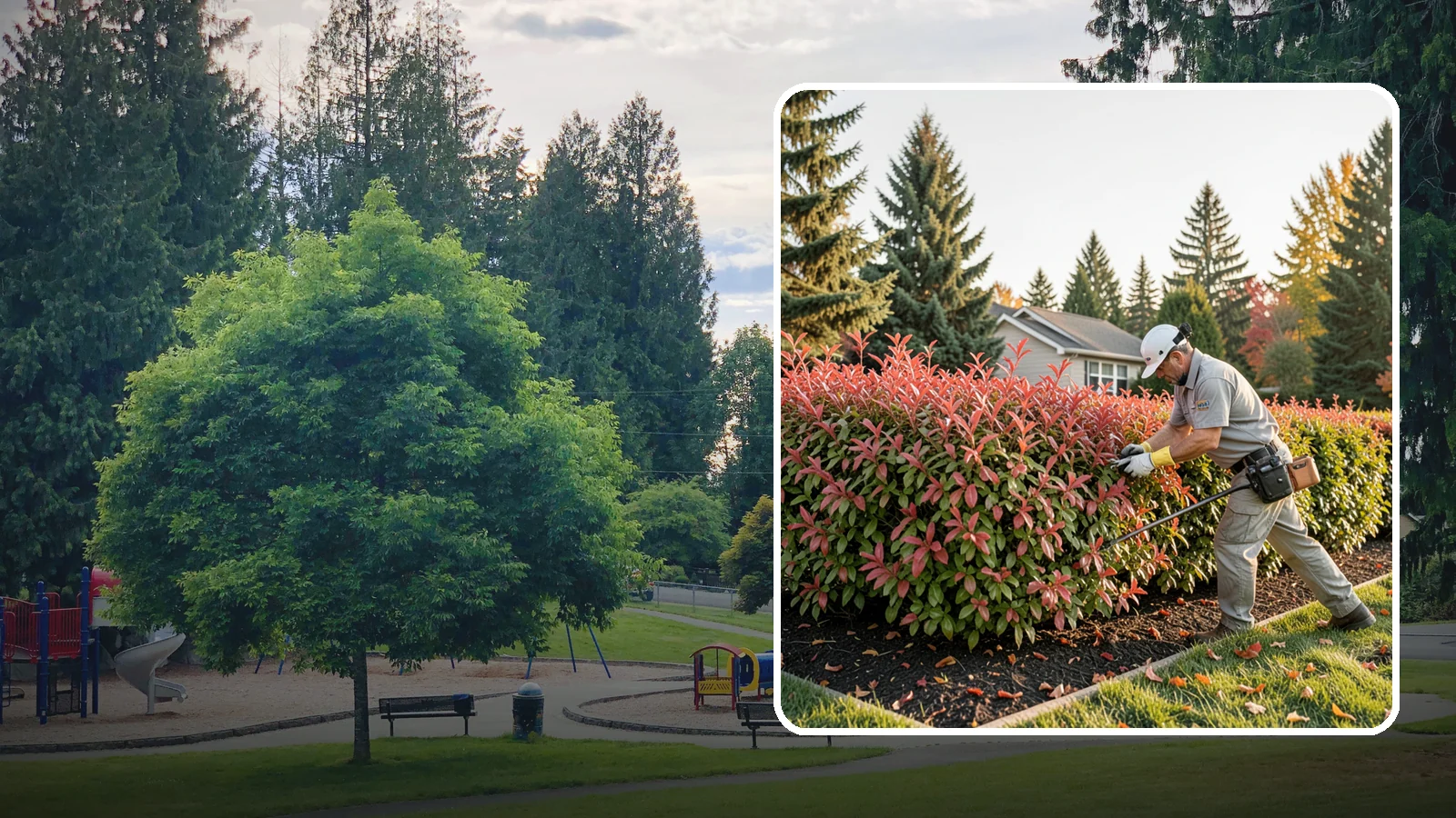 Photinia Trimming in Bonney Lake, Pierce County, WA - Strategic photinia trimming that triggers the vivid red new growth this hedge is famous for while managing leaf-spot disease.
