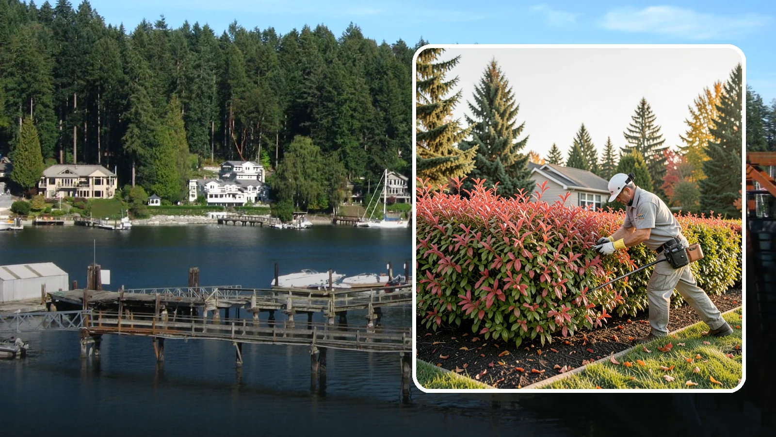 Photinia Trimming in Gig Harbor, Pierce County, WA - Strategic photinia trimming that triggers the vivid red new growth this hedge is famous for while managing leaf-spot disease.