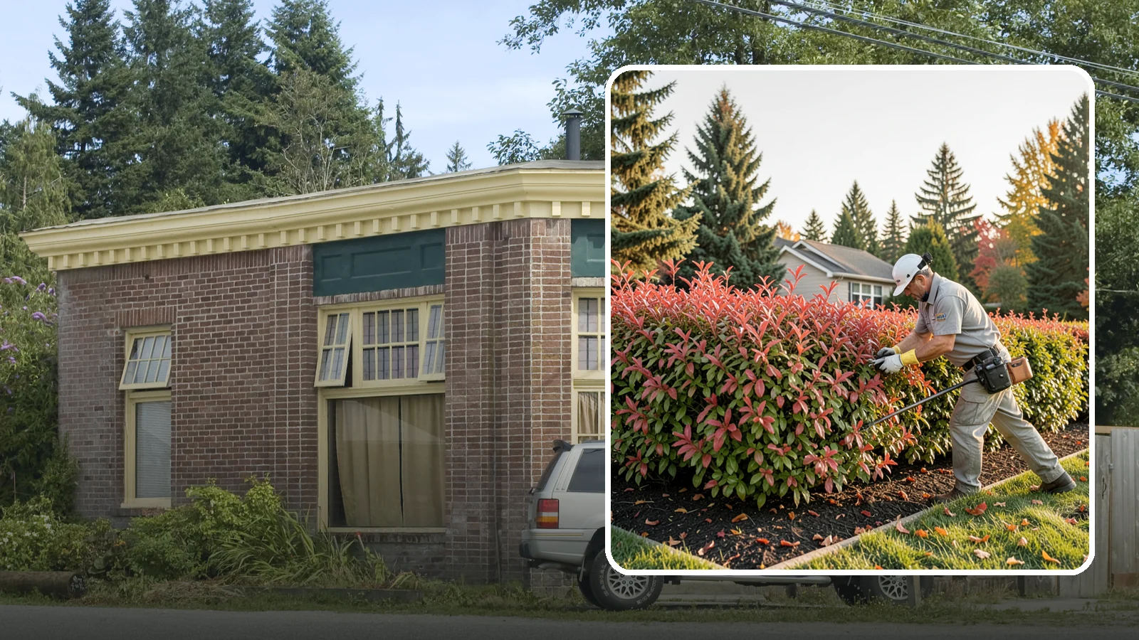 Photinia Trimming in Hamilton, Skagit County, WA - Strategic photinia trimming that triggers the vivid red new growth this hedge is famous for while managing leaf-spot disease.