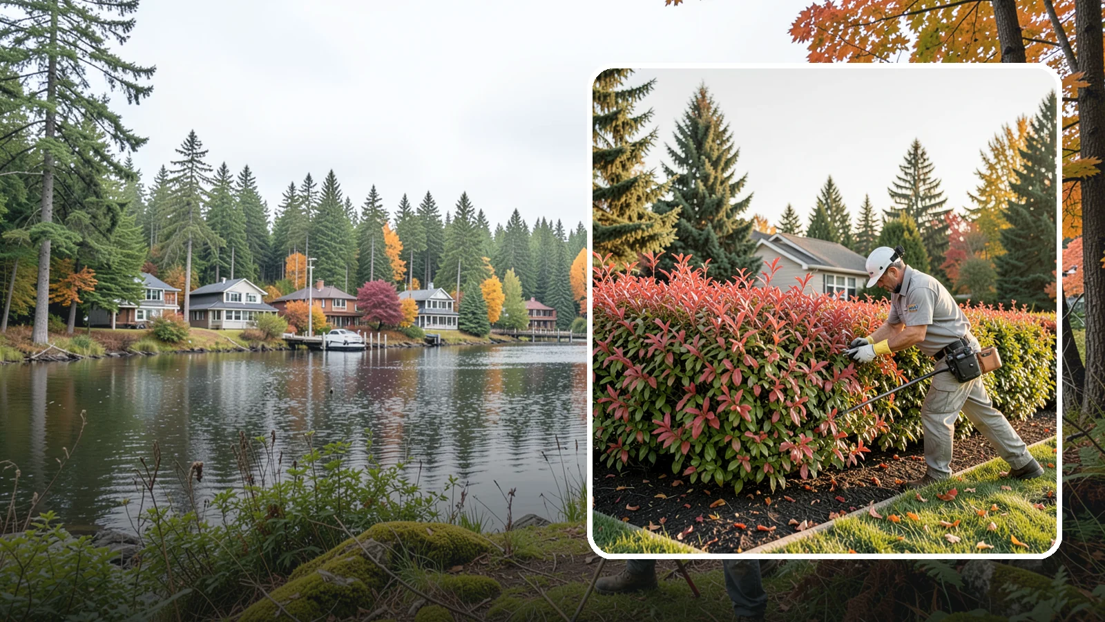Photinia Trimming in La Conner, Skagit County, WA - Strategic photinia trimming that triggers the vivid red new growth this hedge is famous for while managing leaf-spot disease.