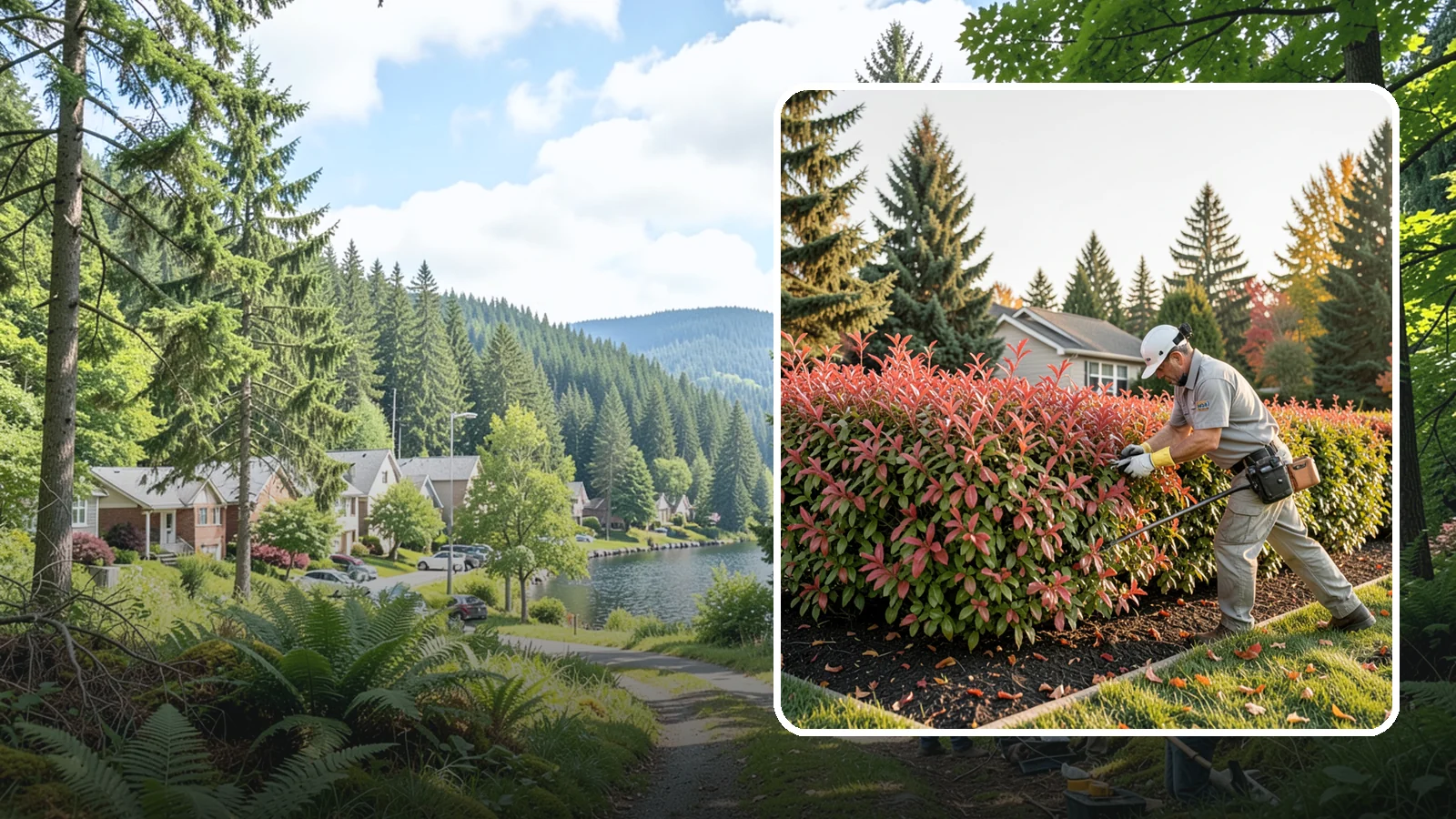 Photinia Trimming in Lake Forest Park, King County, WA - Strategic photinia trimming that triggers the vivid red new growth this hedge is famous for while managing leaf-spot disease.