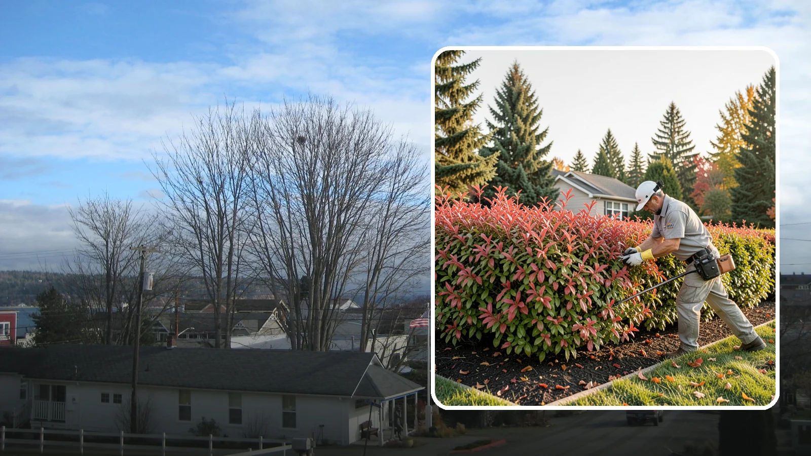 Photinia Trimming in Langley, Island County, WA - Strategic photinia trimming that triggers the vivid red new growth this hedge is famous for while managing leaf-spot disease.