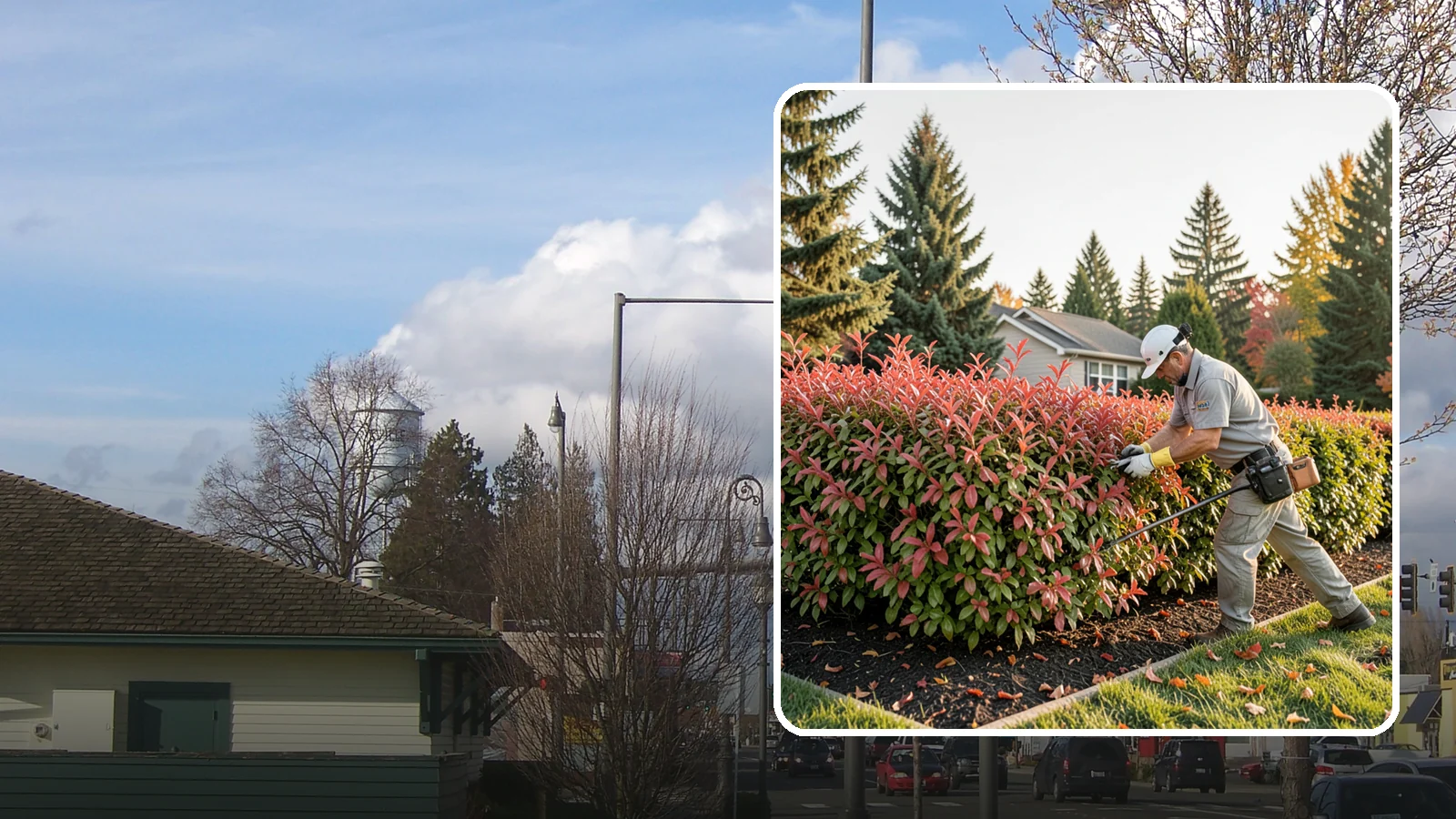 Photinia Trimming in Marysville, Snohomish County, WA - Strategic photinia trimming that triggers the vivid red new growth this hedge is famous for while managing leaf-spot disease.