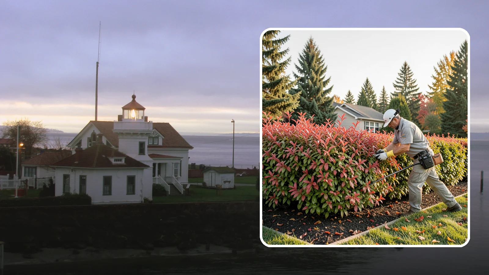 Photinia Trimming in Mukilteo, Snohomish County, WA - Strategic photinia trimming that triggers the vivid red new growth this hedge is famous for while managing leaf-spot disease.