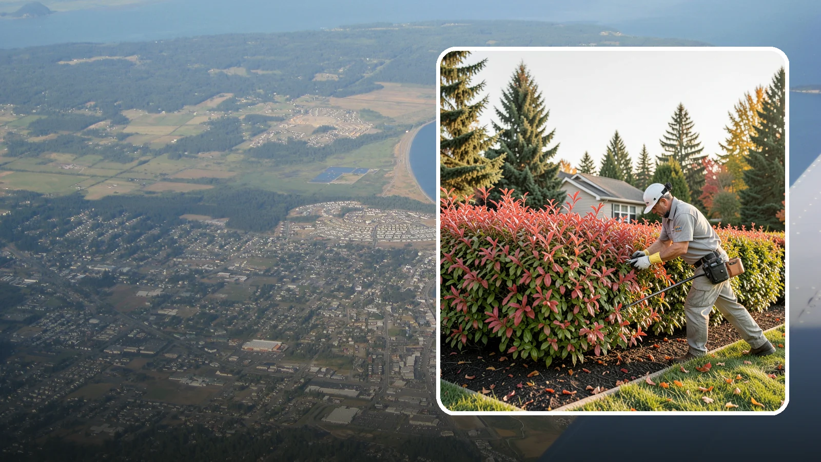 Photinia Trimming in Oak Harbor, Island County, WA - Strategic photinia trimming that triggers the vivid red new growth this hedge is famous for while managing leaf-spot disease.