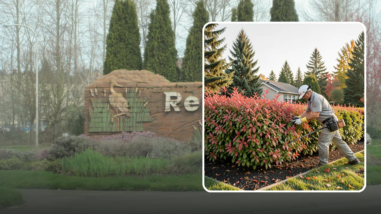 Photinia Trimming in Renton, King County, WA - Strategic photinia trimming that triggers the vivid red new growth this hedge is famous for while managing leaf-spot disease.