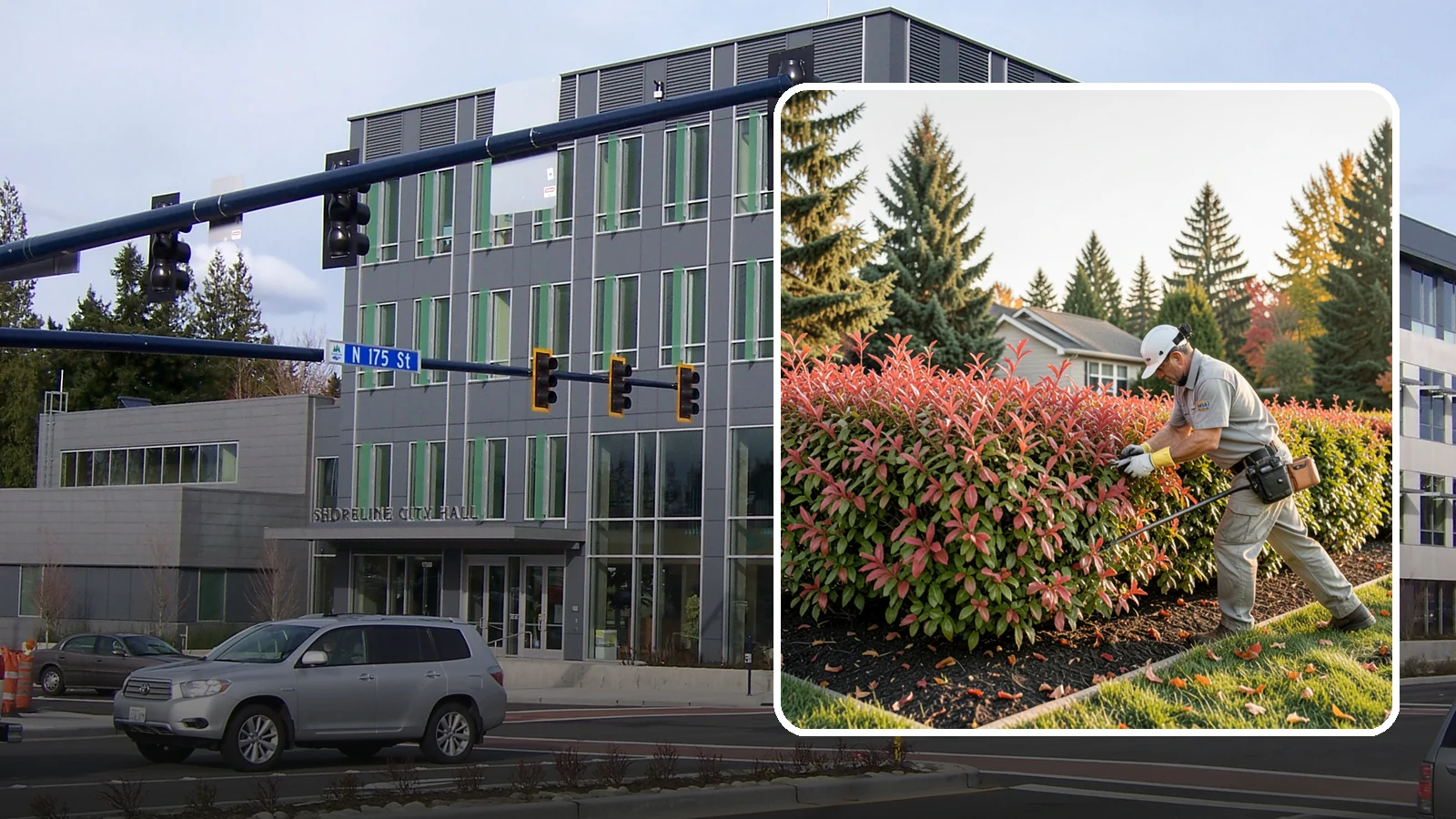 Photinia Trimming in Shoreline, King County, WA - Strategic photinia trimming that triggers the vivid red new growth this hedge is famous for while managing leaf-spot disease.